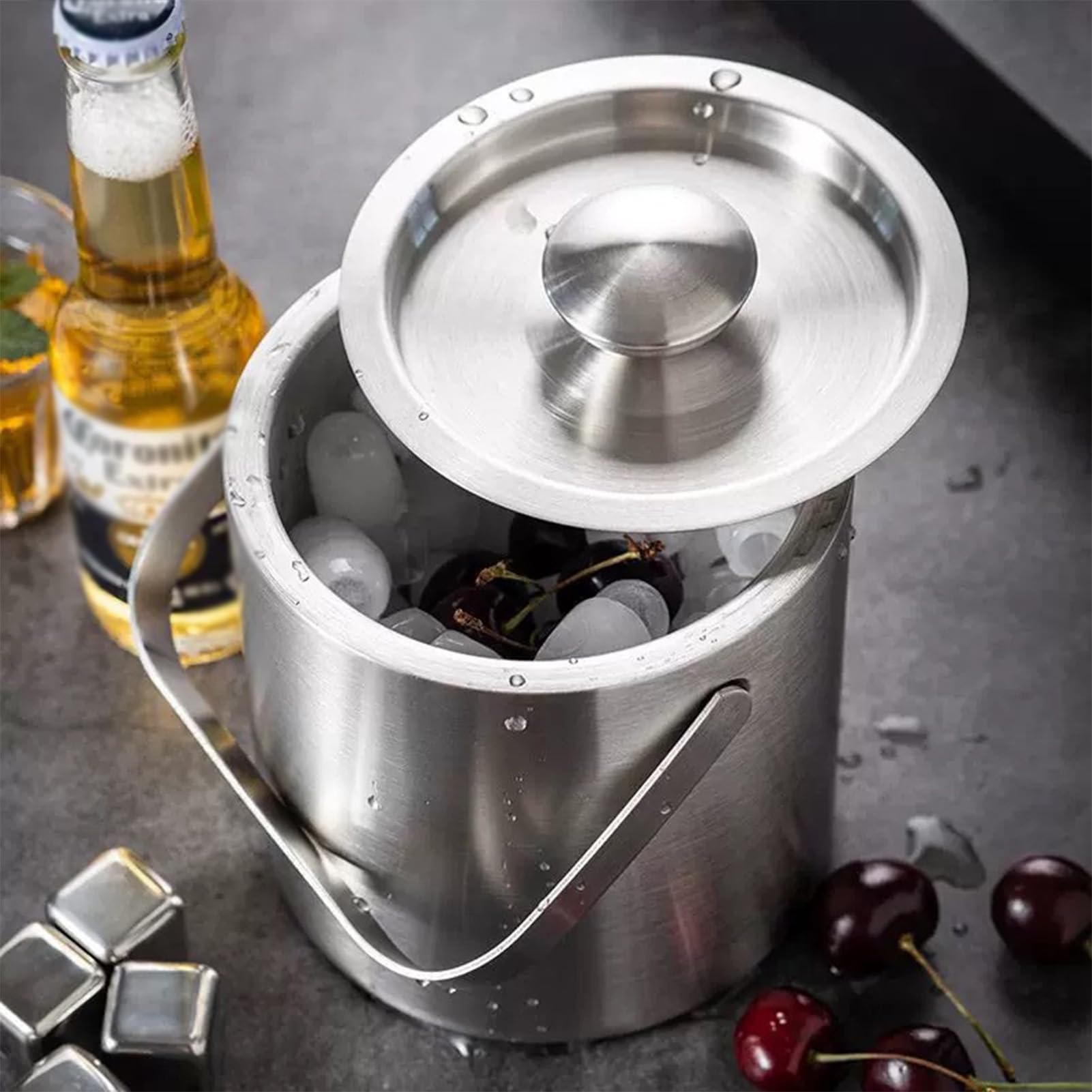 3L Double Paroi Seau à Glaçons Isotherme en Acier Inoxydable, Seau Champagne en Métal, Seau à Glacons Isotherme, Seau à Glaçons avec Couvercle Grattoir à Glace (Blanc)