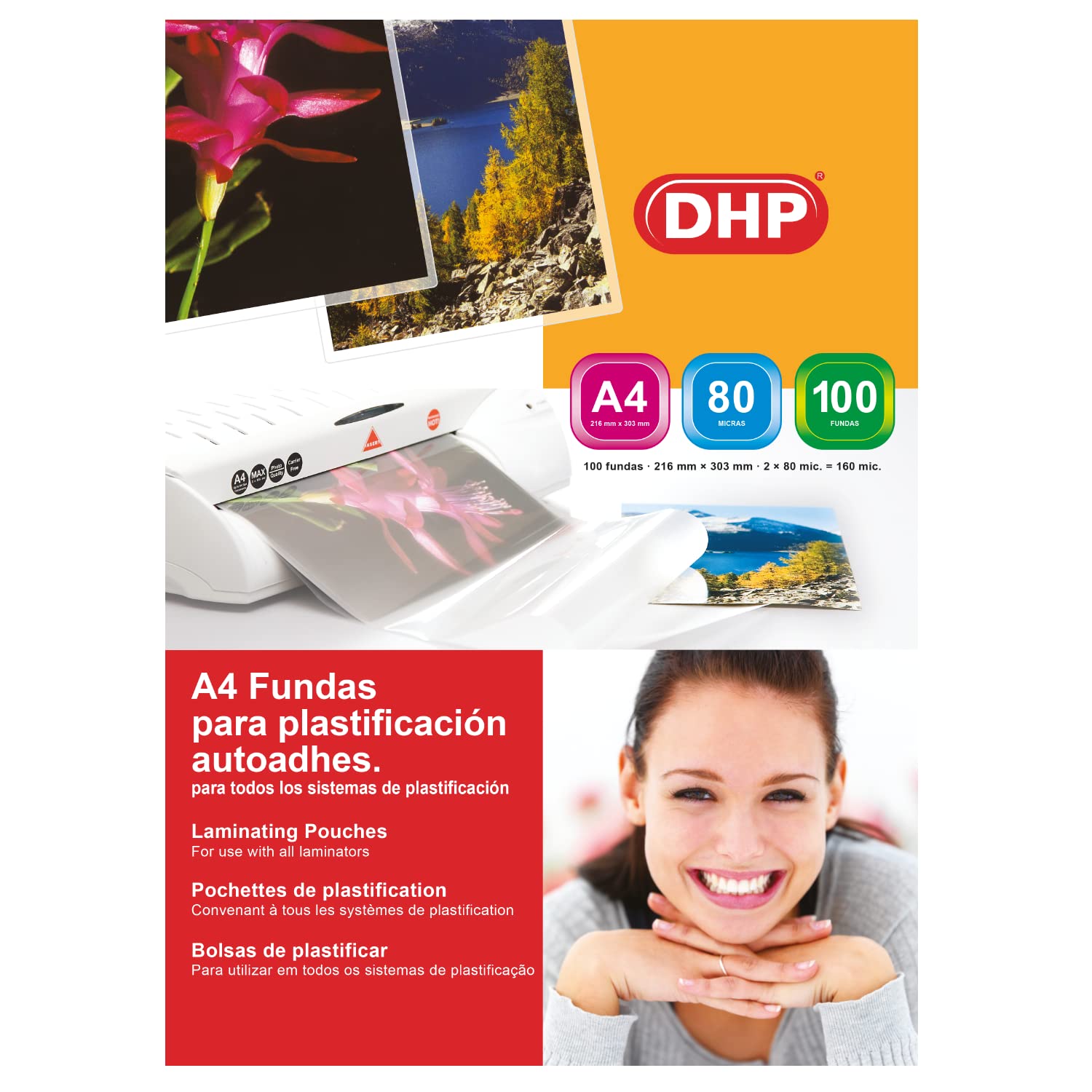 Fundas de Plastificar DHP - Formato A4 autoadhesivas, 80 micras, Brillo, Caja 100 unidades