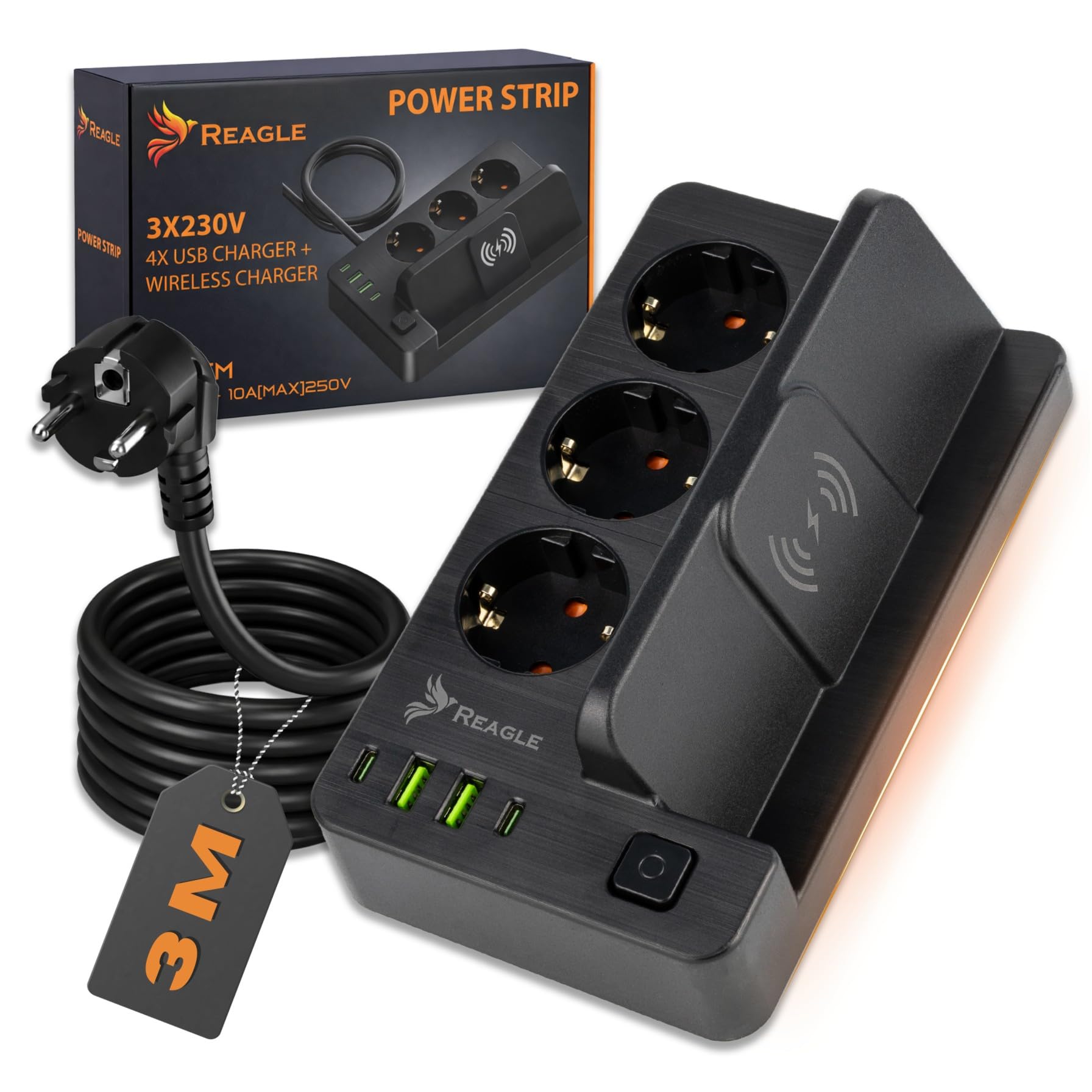 Reagle Listwa zasilająca z 4 portami USB, 3 gniazda, 230 V, z przełącznikiem Save Energy, oszczędzająca energię, do domowego biura z ochroną przed przepięciem 3 m