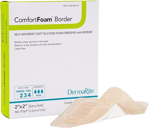 DermaRite 's ComfortFoam Border - Apósito de espuma para heridas - Silicona flexible y suave, autoadhesivo, sin látex de caucho natural, 2 pulgadas
