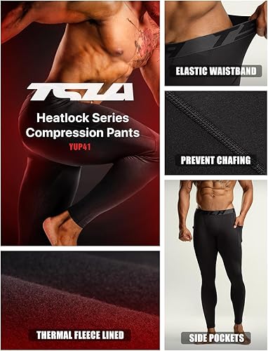 Vista 7 de TSLA - Pantalones deportivos térmicos de compresión, leggings deportivos y mallas para correr, pantalón térmico Base Layer de invierno para hombre
