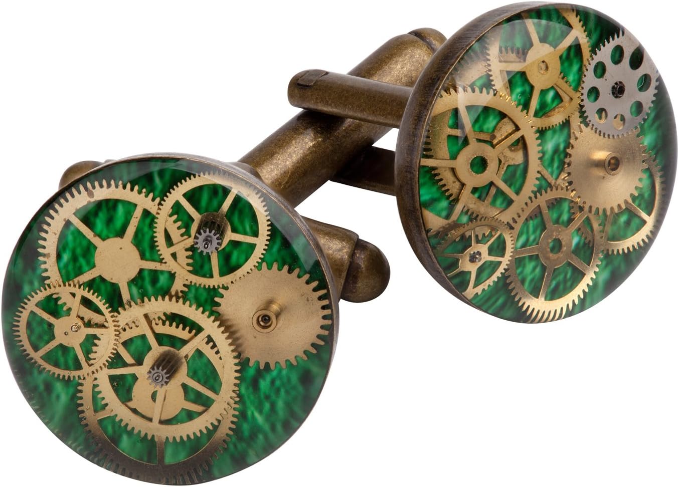 Round Antique Bronze 16mm Steampunk Cufflinks with Cogs and Gears in Green