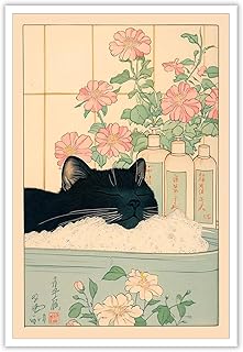 JCCSFF Japanese Funny Black Cat In The Bathtub Posters Cute Animal Take Bath Canvas Wall Art Rustic Style Simple Pet Lovers Prints Painting For Bathroom Home Bedroom Dorm Wall Decor 12x16in Unframed