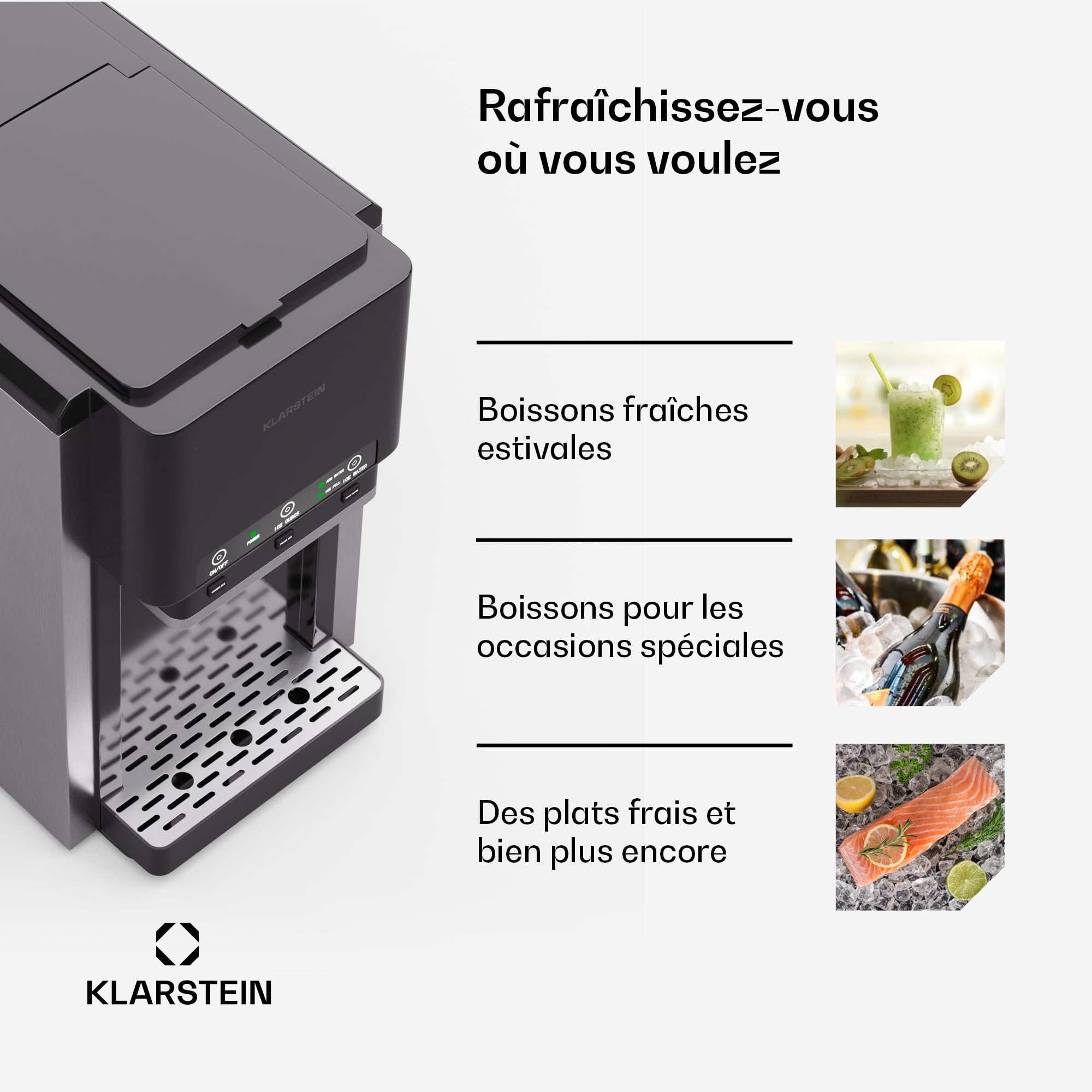 Klarstein ArcticBlend 3-en-1 machine à glaçons, 20 kg/24 h, glaçons & glace pilée, distributeur d'eau, réservoir 6 L, acier inoxydable, machine à glaçons maison, gris foncé