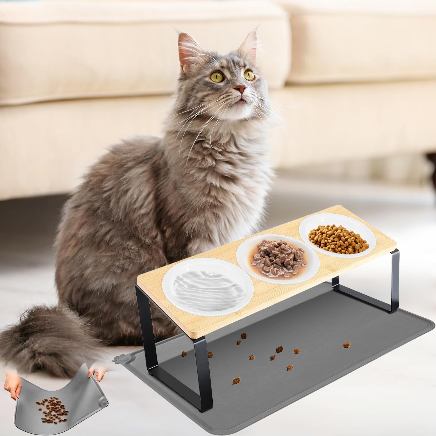 Elevated Cat Bowls with Tilted Stand, 5.5 in Wide Double Dish, Ceramic Pet Feeding Station (with 3 Ceramic Bowls&Silicone Mat)