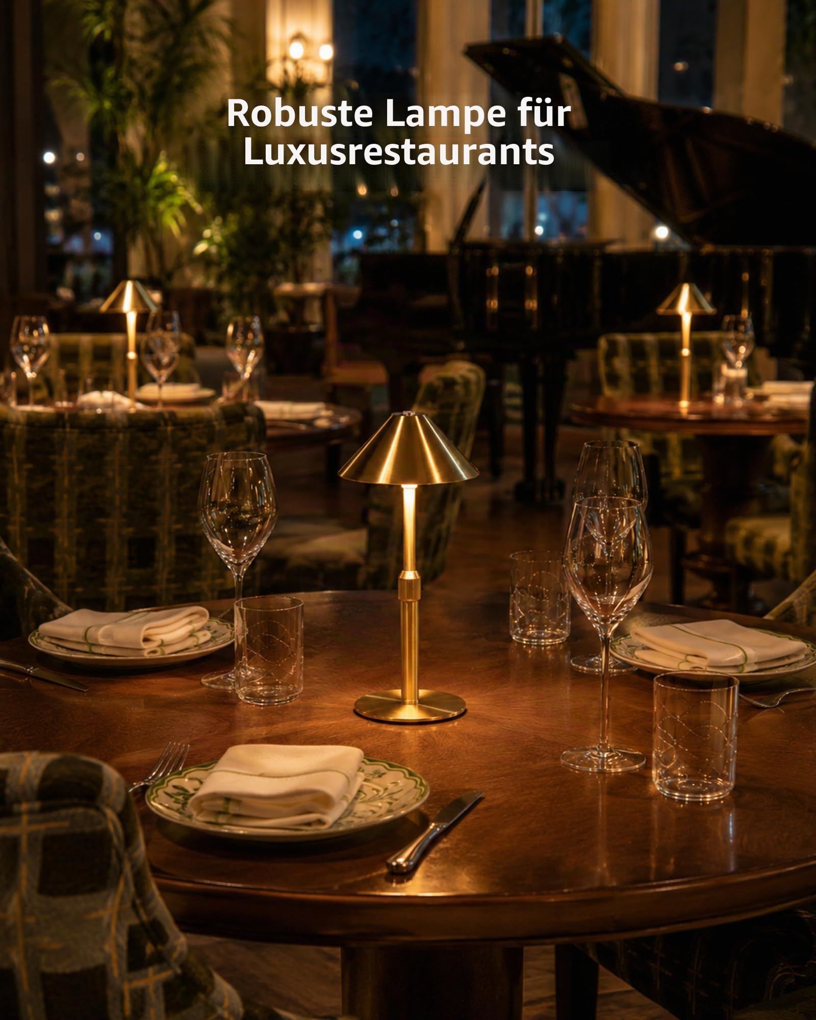 Tischlampe kabellos LED Akku Tischleuchte 2er Set aus Metall – Höhenverstellbar, IP54 Wasserfest, 3000K–6000K, USB-C aufladbar für Schlafzimmer, Balkon, Outdoor & Deko, Gold