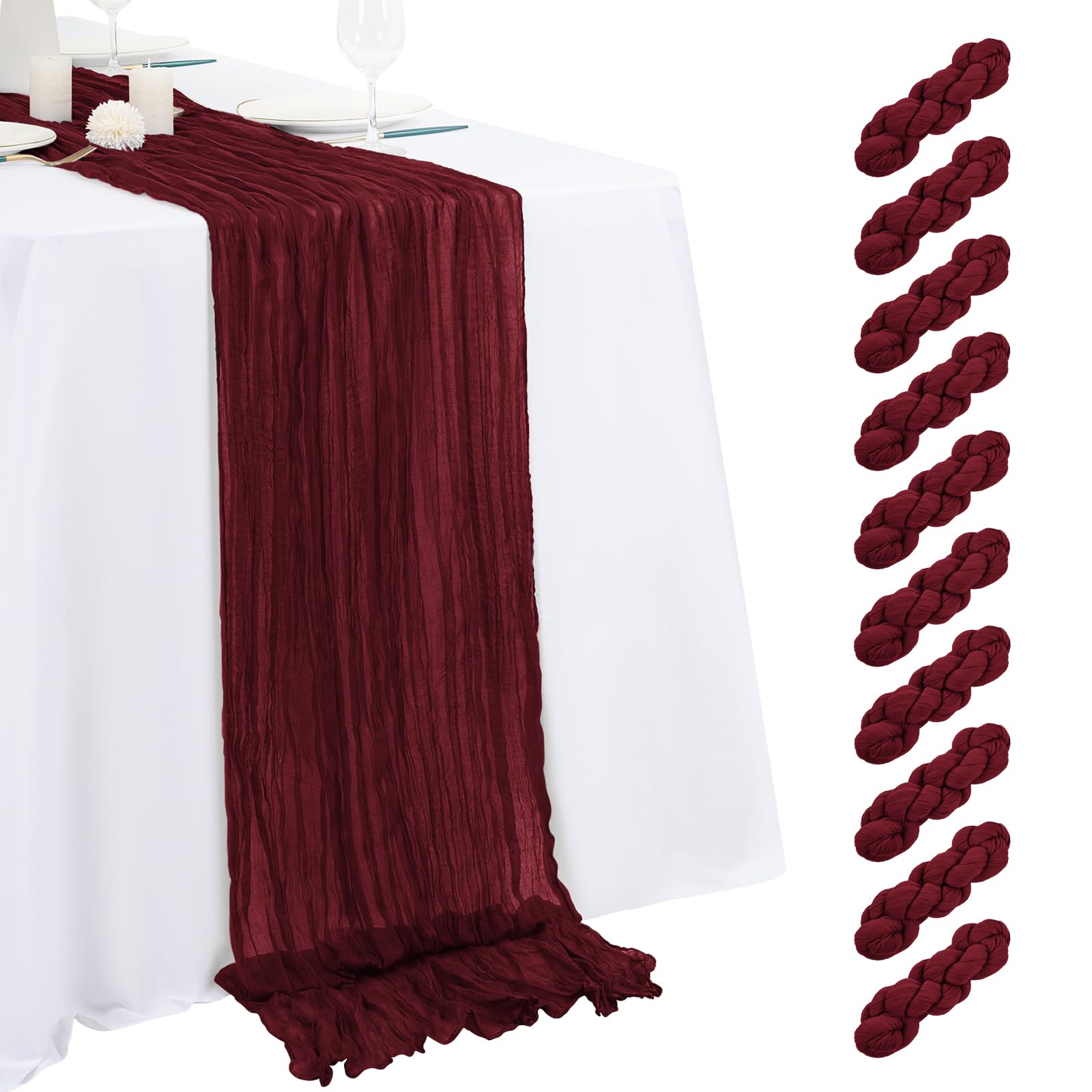 Photo 1 of 10 Pack Burgundy Cheesecloth Table Runner 17x108 Inch Semi Sheer Boho Gauze Cheese Cloth Table Runners, for Wedding Bridal Shower Birthday Party Home Decor Garden Farmhouse