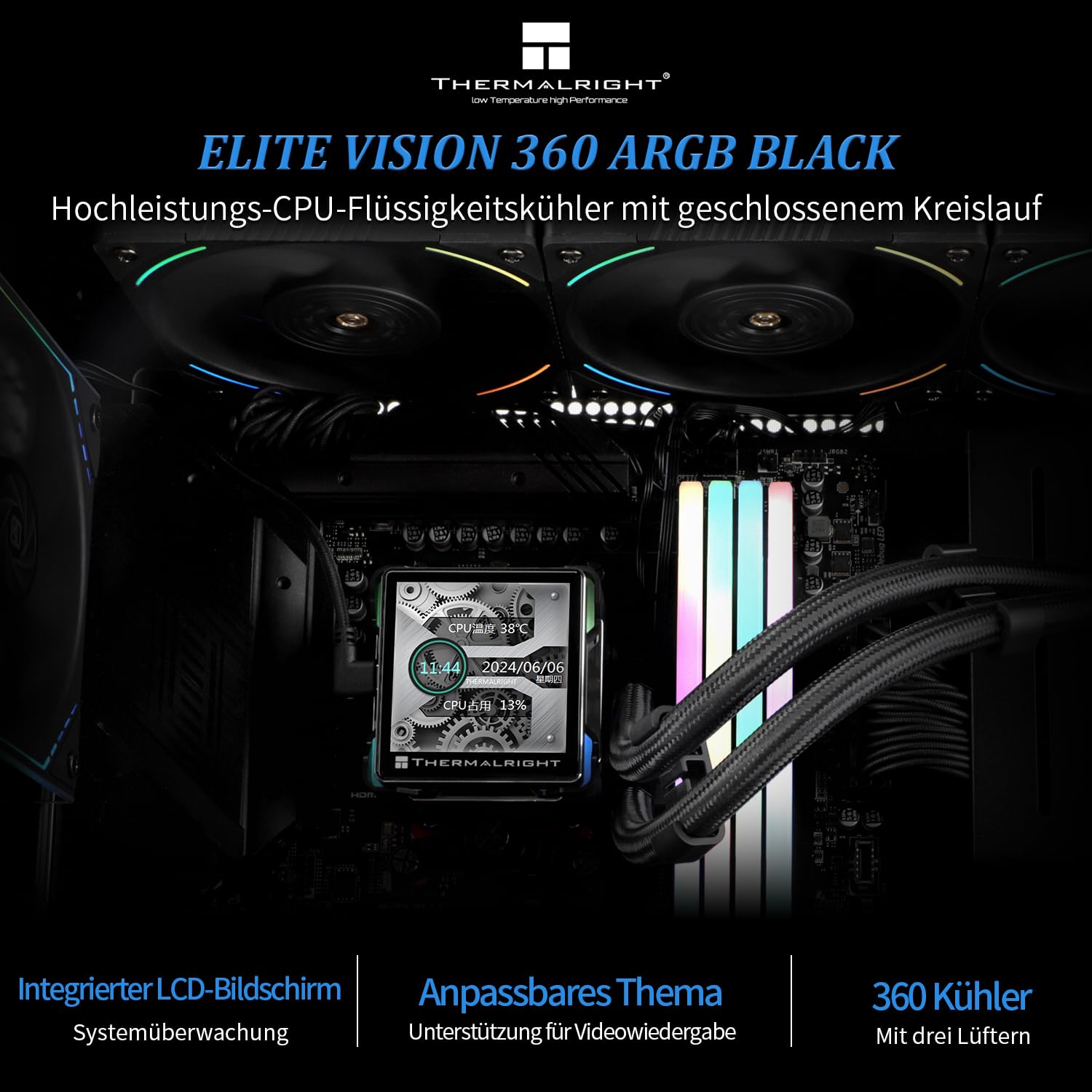 Thermalright Elite Vision 360 ARGB BLACK AIO, schermo LCD IPS con risoluzione 320 x 320, per AM4/AM5/Intel LGA1700/1851, schermo LCD con assorbimento magnetico da 2,73"