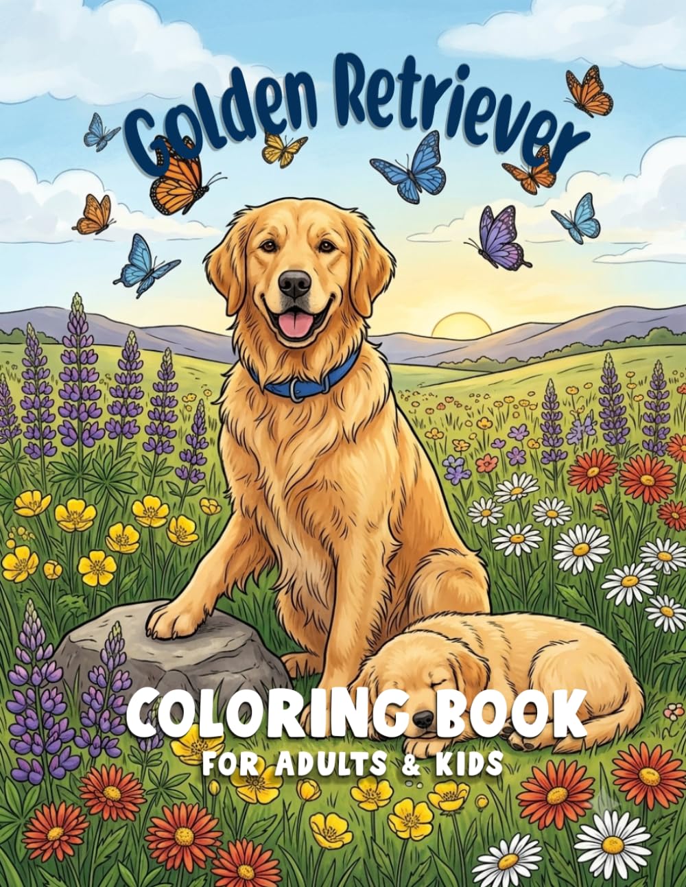 Golden Retriever Coloring Book for Adults & Kids: 50 Adorable Dog & Puppy Illustrations Stress Relief Coloring Pages, Perfect Gift for Golden Retriever Lovers