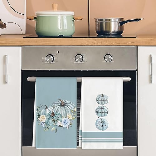 Miniatura 7 de AnyDesign Toalla de cocina de otoño, color azul y blanco, de 18 x 28 pulgadas, acuarela, Hello Pumpkin floral, toalla rústica de secado de manos