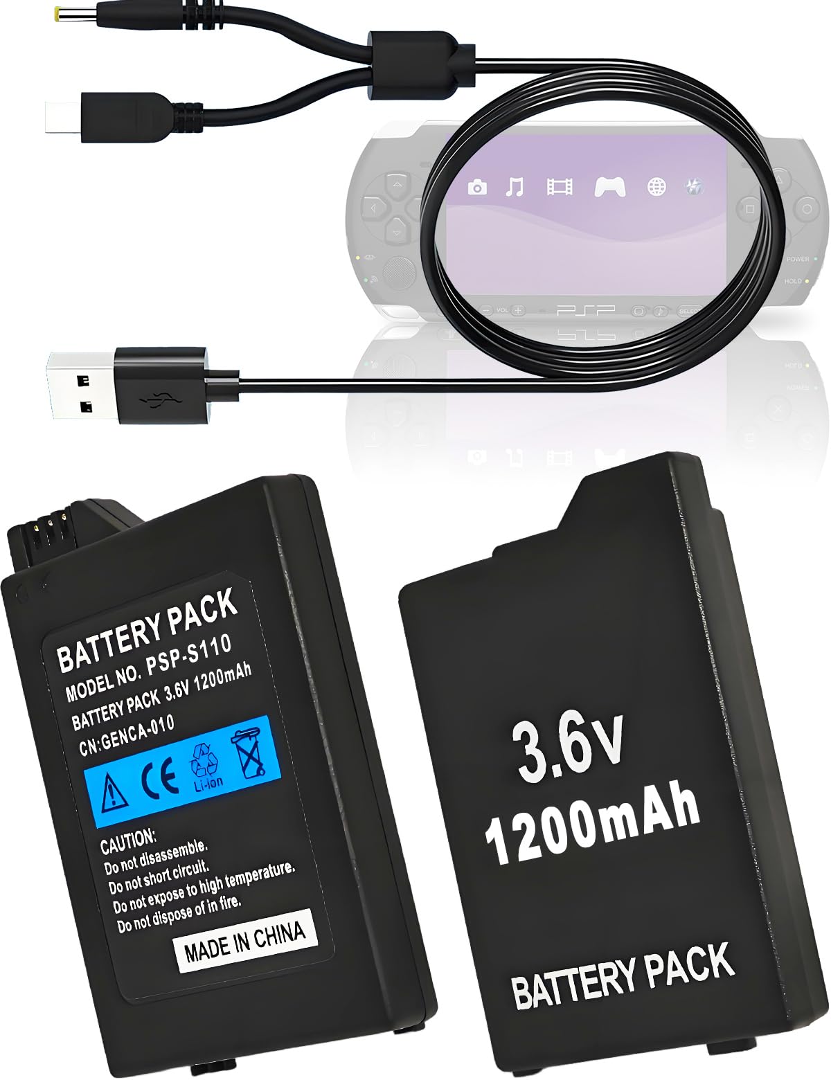 ROYEUEU Replacement Battery for Sony PSP 3001: 2PCS 3.6V 1200mAh PSP-S110 Battery Pack Compatible with Sony PlayStation PSP 2000 3000 2000/3000 2001 Slim Lite S110 Game Console with USB Charger Cable