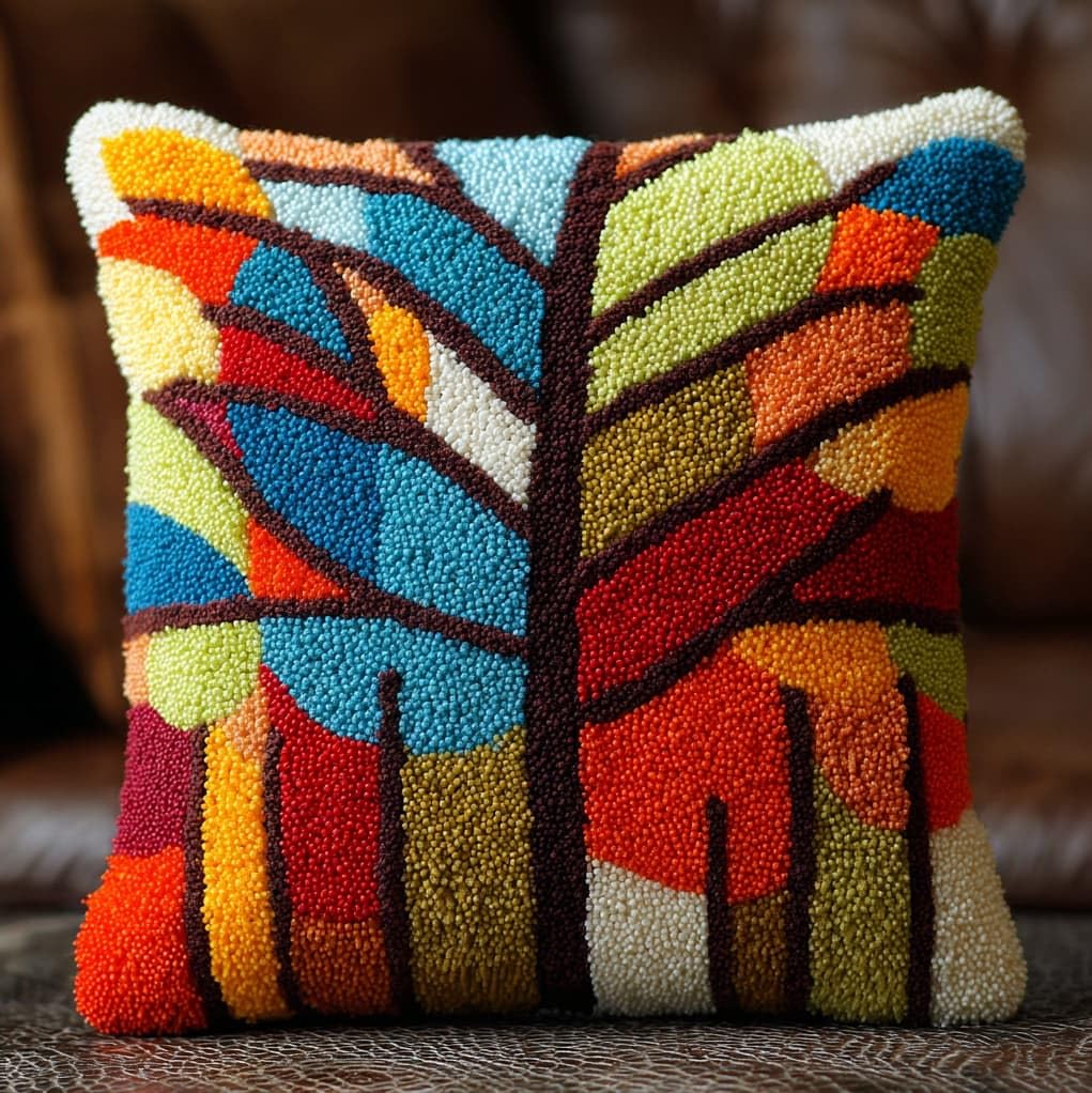 Henypt 43x43cm Latch Hook Pillow Kit,Cartoon Tree Pre-Printed Canvas Cushion Cover Craft,Easy Latch Hook Embroidery Kit for All Skill Levels