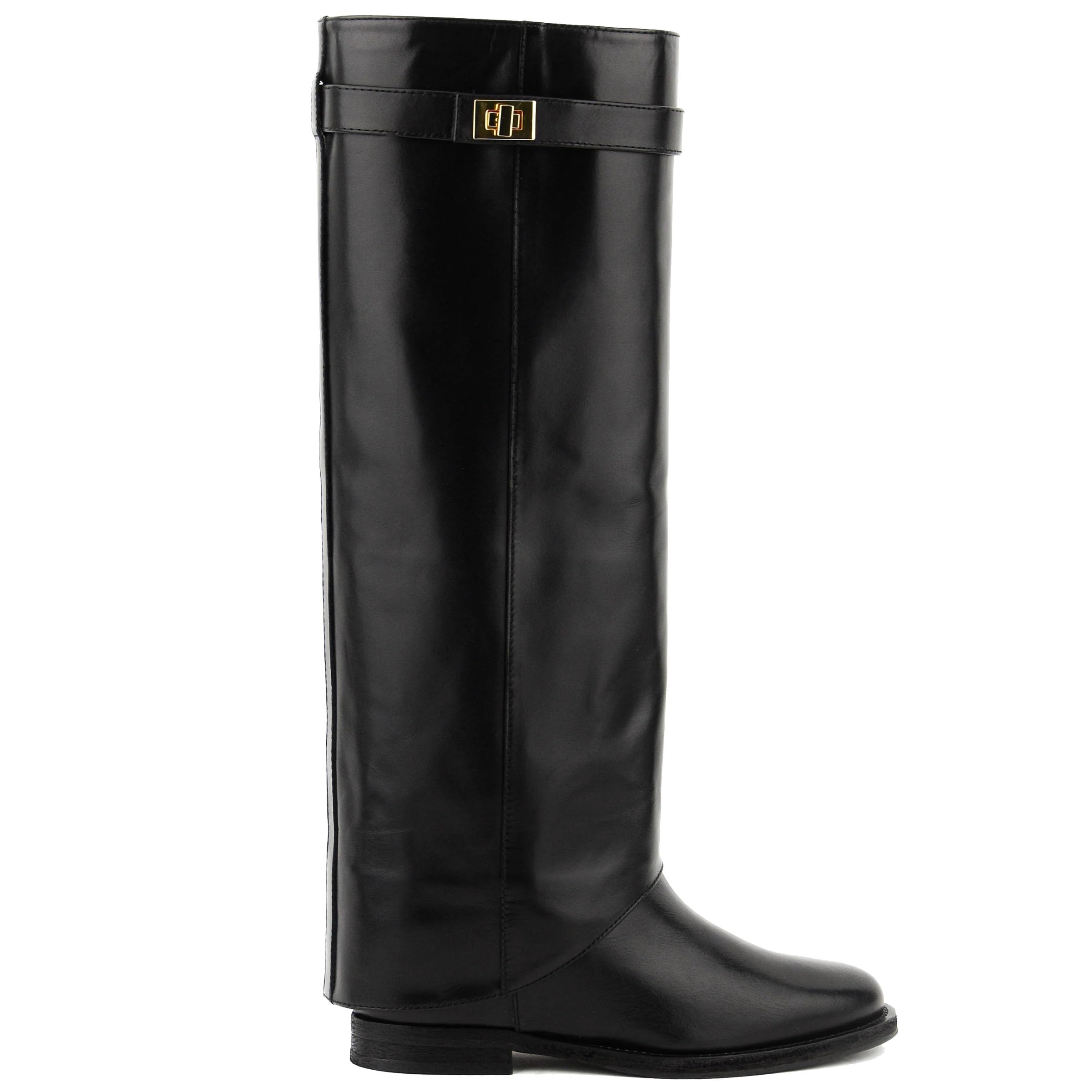 Fold Over Knee High Boots Women Pull On Flat Boots Round Toe Tall Boot Buckle Classic Fall Winter