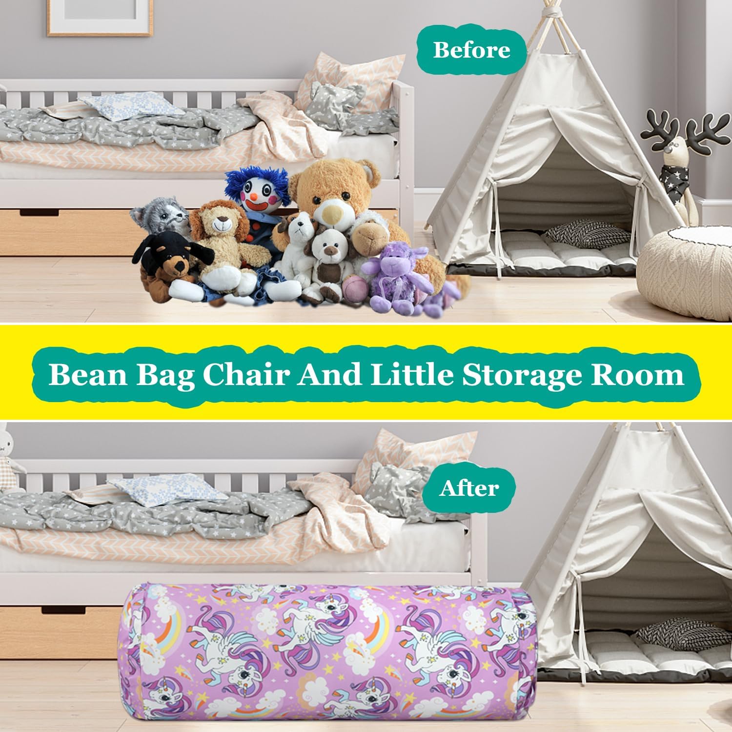 LOLOMLO Stuffed Animal Bean Bag Storage Chair for Kids Cover Only (No Filler), Organize, Sit, Play & Boxing, 100% Cotton Canvas Washable, Ultra Soft Cylinder Long Vertical Zipper Best Gift for Child