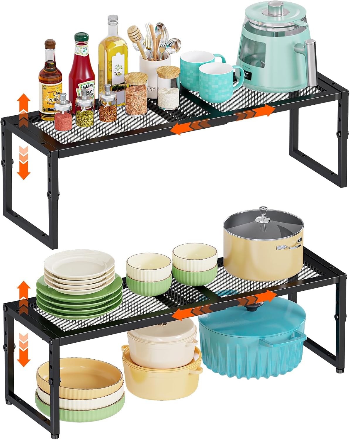 2 Pack Expandable Kitchen Cabinet Shelf Organizer, 15.5″-25.5″ Long Adjustable Storage Shelves Organizers for Kitchen Countertop Pantry Cupboard Table Desk Counter, Stackable, 30LBS Load Capacity