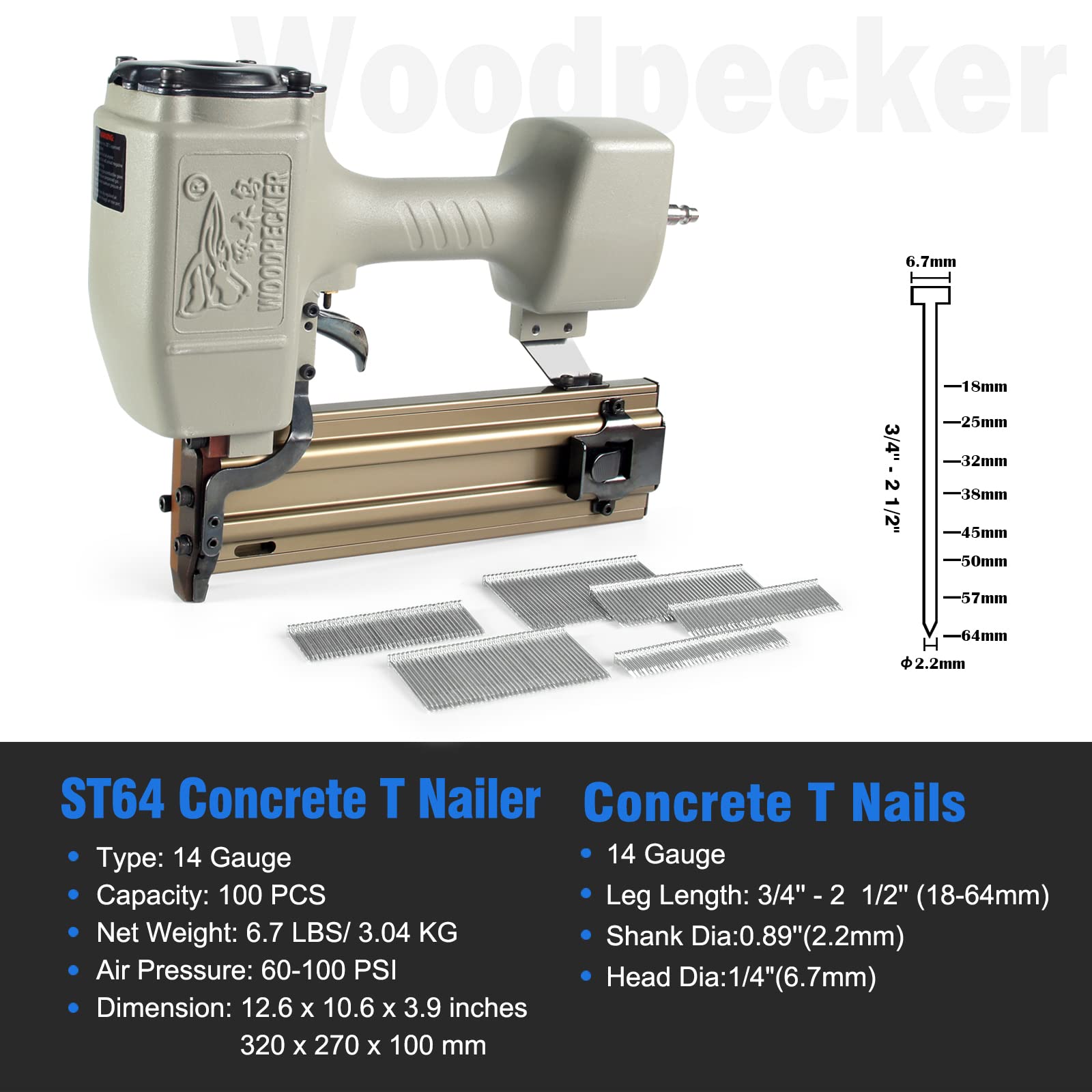 Buy Woodpecker ST64 14 Gauge Heavy Duty Concrete T Nailer, 1 Inch to 2