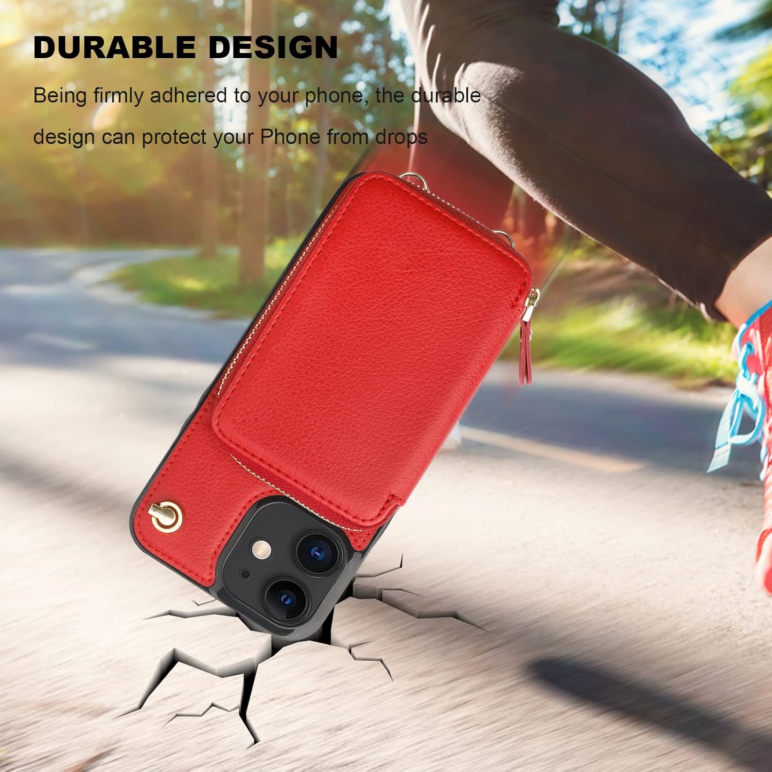 Bocasal Crossbody Wallet Case for iPhone 12/12 Pro, RFID Blocking Leather Purse Case with Card Holder, Protective Handbag Flip Cover with Zipper Wrist Strap Lanyard for Women 5G 6.1 Inch (Red)