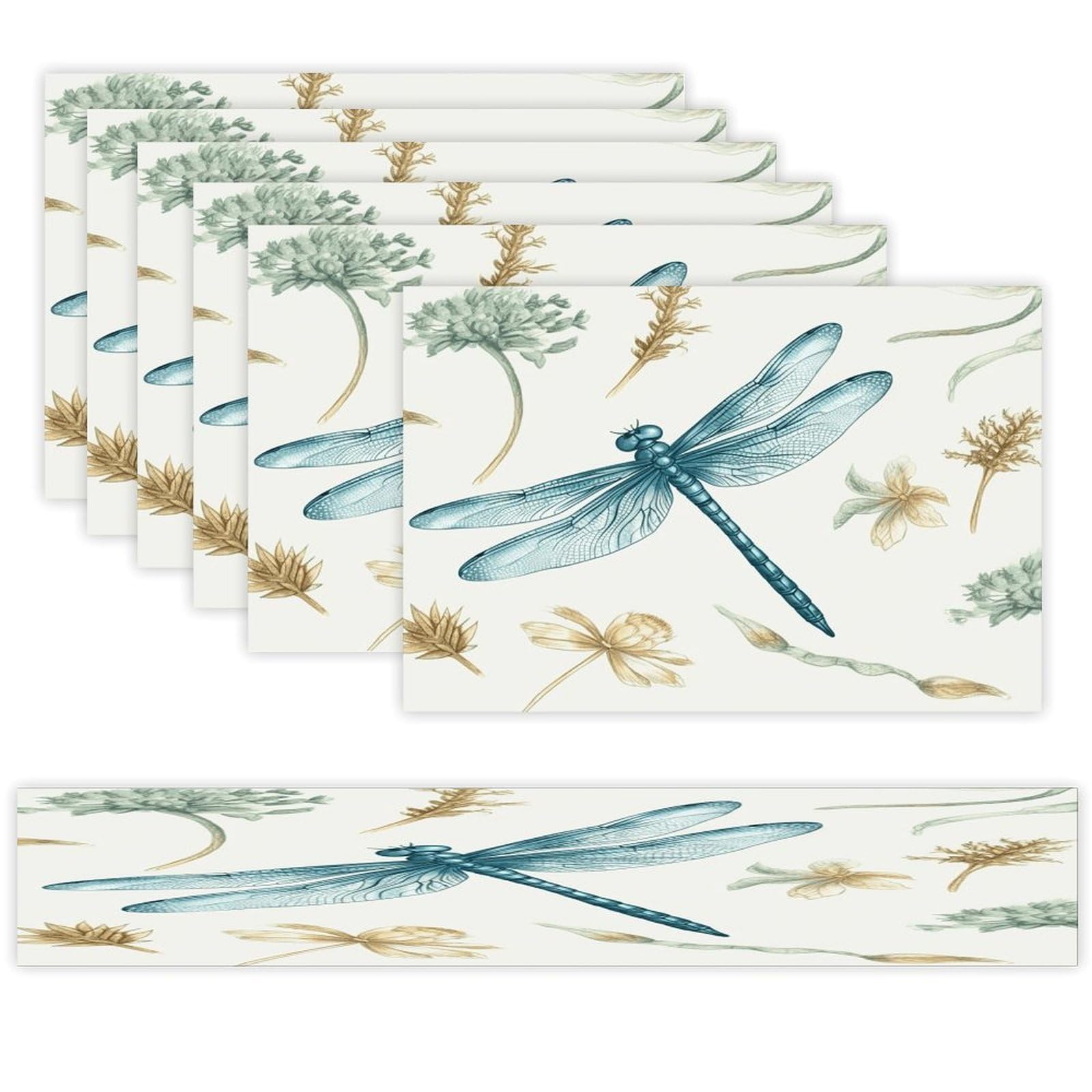 Dragonfly Placemats Set of 7 Exquisite Linen Table Mat Seven Piece Set Includes 13"x71" Fashion Table Runner and 12"x18" Place Mat Decor for Kitchen Dining Room