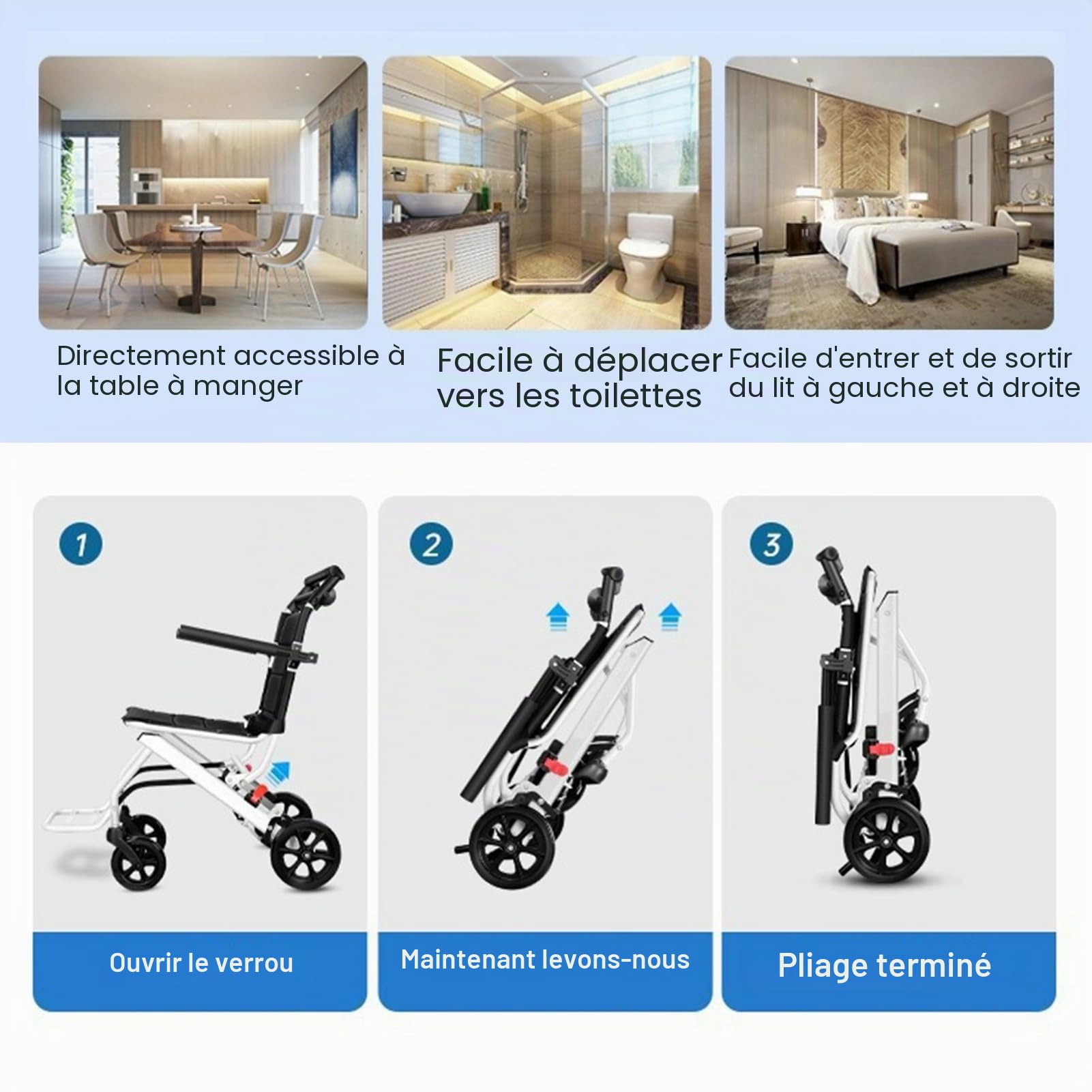 Fauteuil roulant pliant pour adultes, chaise de voyage portable légère avec conception ergonomique, sangle de sécurité réglable, cadre en aluminium et roues en PU pour une conduite en d