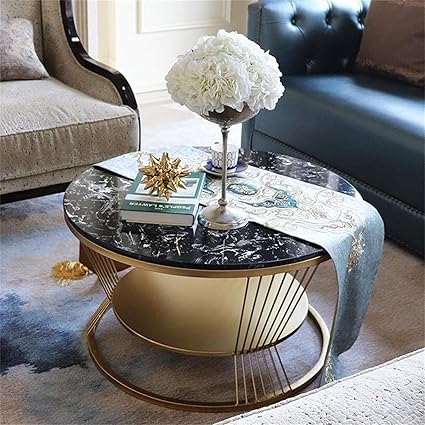 RIZIK STORE Metal Base Handmade Round Coffee/Nesting/Side/Center Table with Marble Finish Wooden White Top for Living Room/Drawing Room/Balcony Gold (Black & Gold)