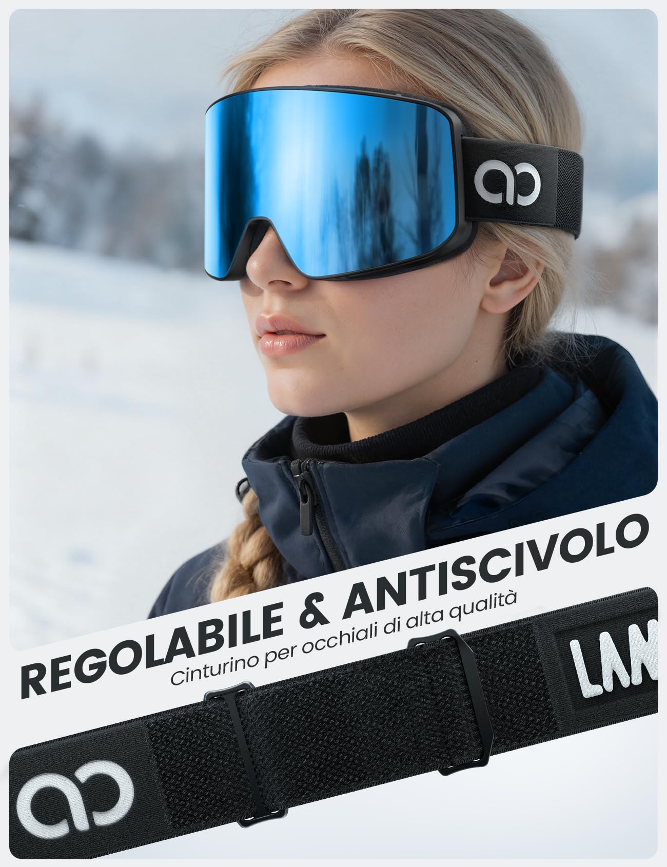 Lamicall Maschera da Sci Uomo, Occhiali da Sci OTG - [Ultra HD & Anti Nebbia Brevettato] Occhiali Snowboard per Donna e Uomo, Ski Mask con UV400 Protezione, Maschera Snowboard con Cinturino Regolabile