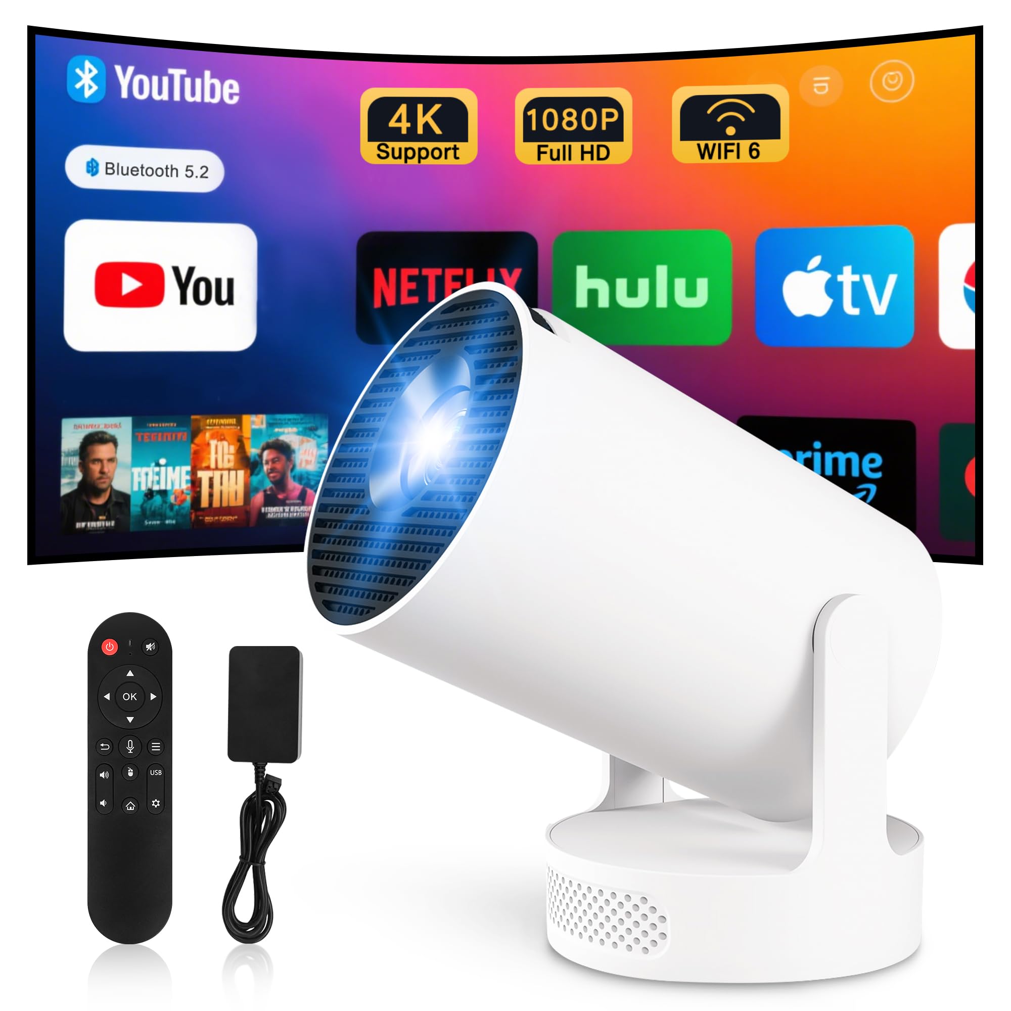 Projeteur vidéo compact rétroprojecteur WiFi 6 BT5.4 pour domicile et voyage