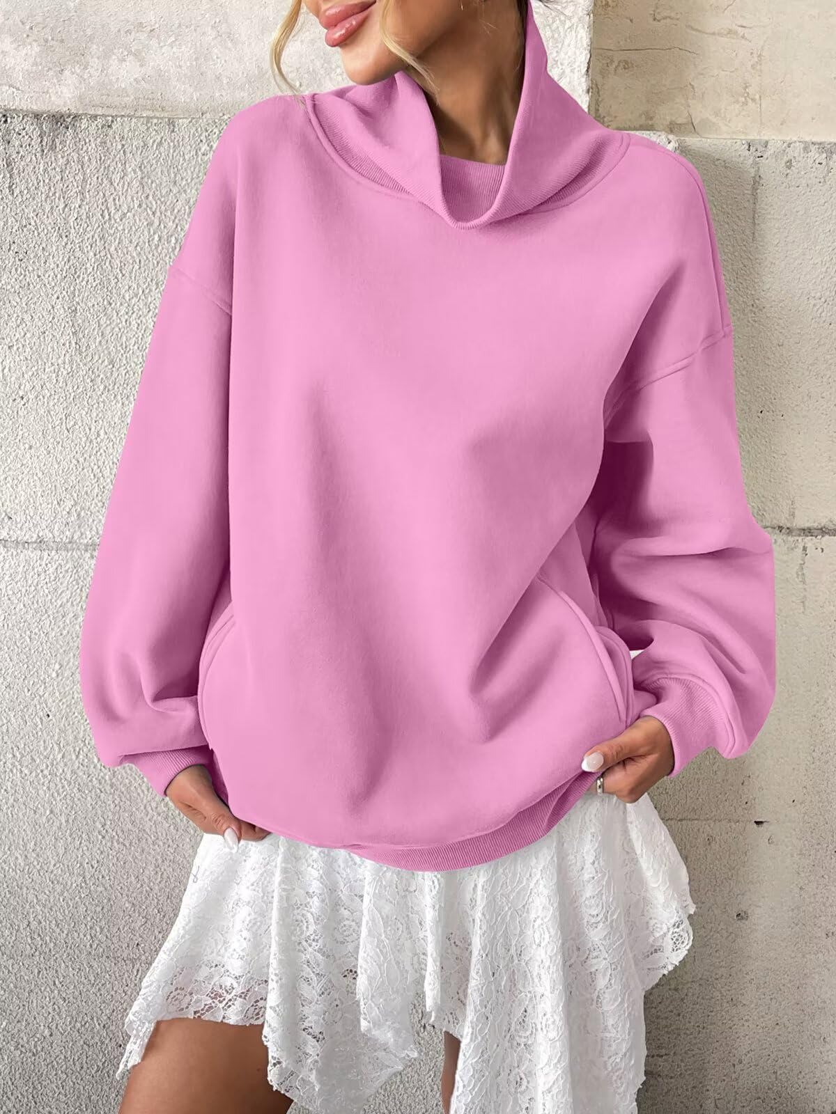 Tomwell Sudaderas de forro polar para mujer con bolsillos, cuello de tortuga, de moda, de manga larga, para otoño
