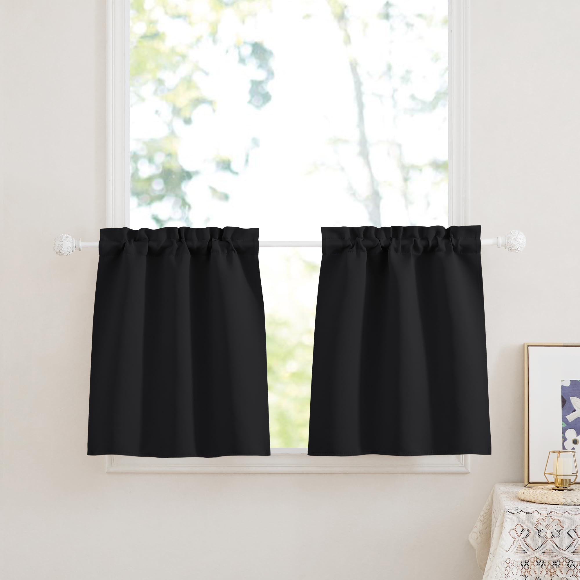 PONY DANCE Cortinas Opacas 2 Piezas Cortinas Dormitorio Cortas 60x45 cm Cortinas Termicas Aislantes Frio y Calor Cortinas Negras Cortinas Cocina Ventana Cortinas de Casa, Negro