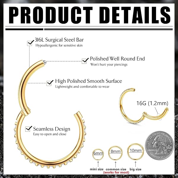Morfetto 16G 18G Nasenringe Helix Piercings Gold Knorpel Ohrring Nasenring Hoop Chirurgenstahl Septum Clicker Ring Segmentring Silber Helix Ohrläppchen Daith Rook Conch Tragus Piercing 6mm 8mm 10mm - 2