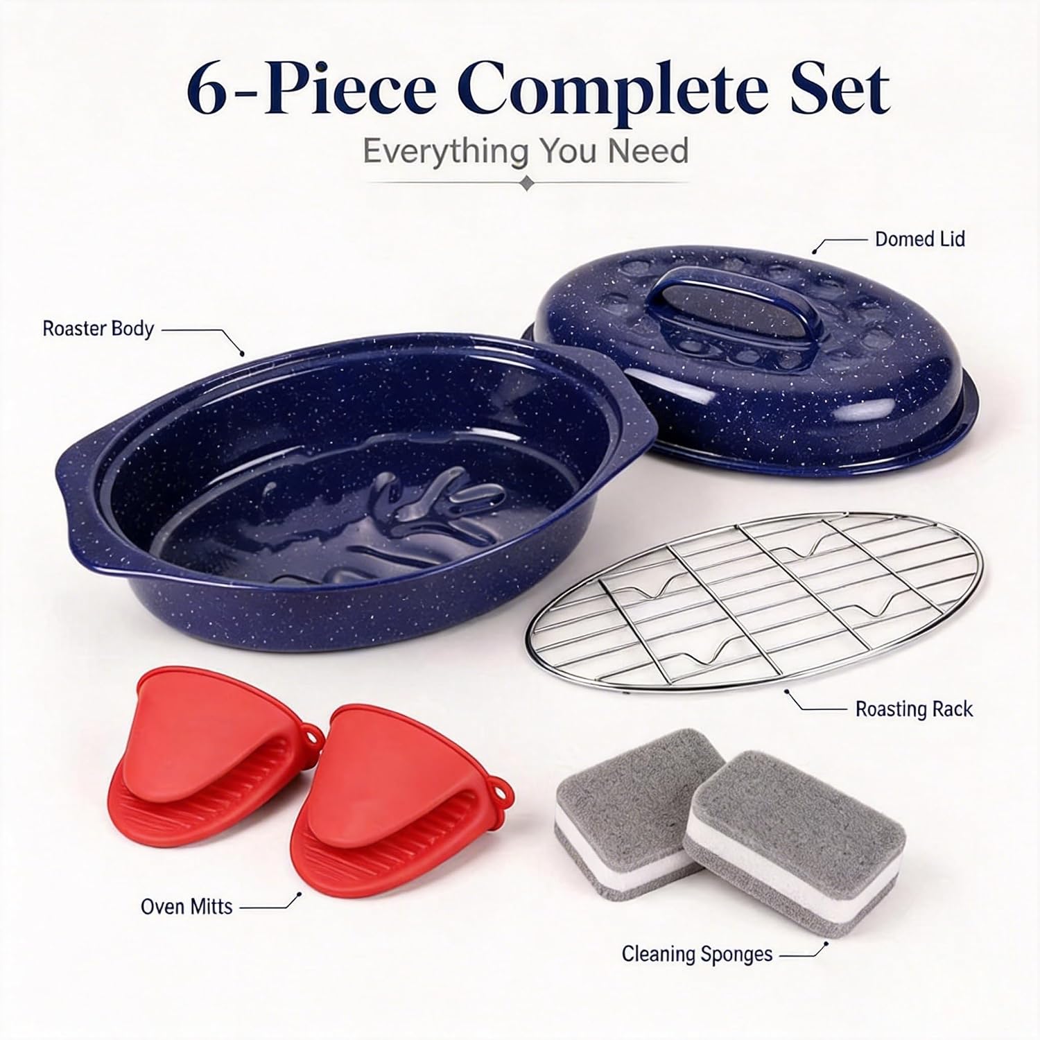 Oval Roasting Pan with Lid & Rack, Blue Speckled Enamel Turkey Roaster (6, 13/16 inch)