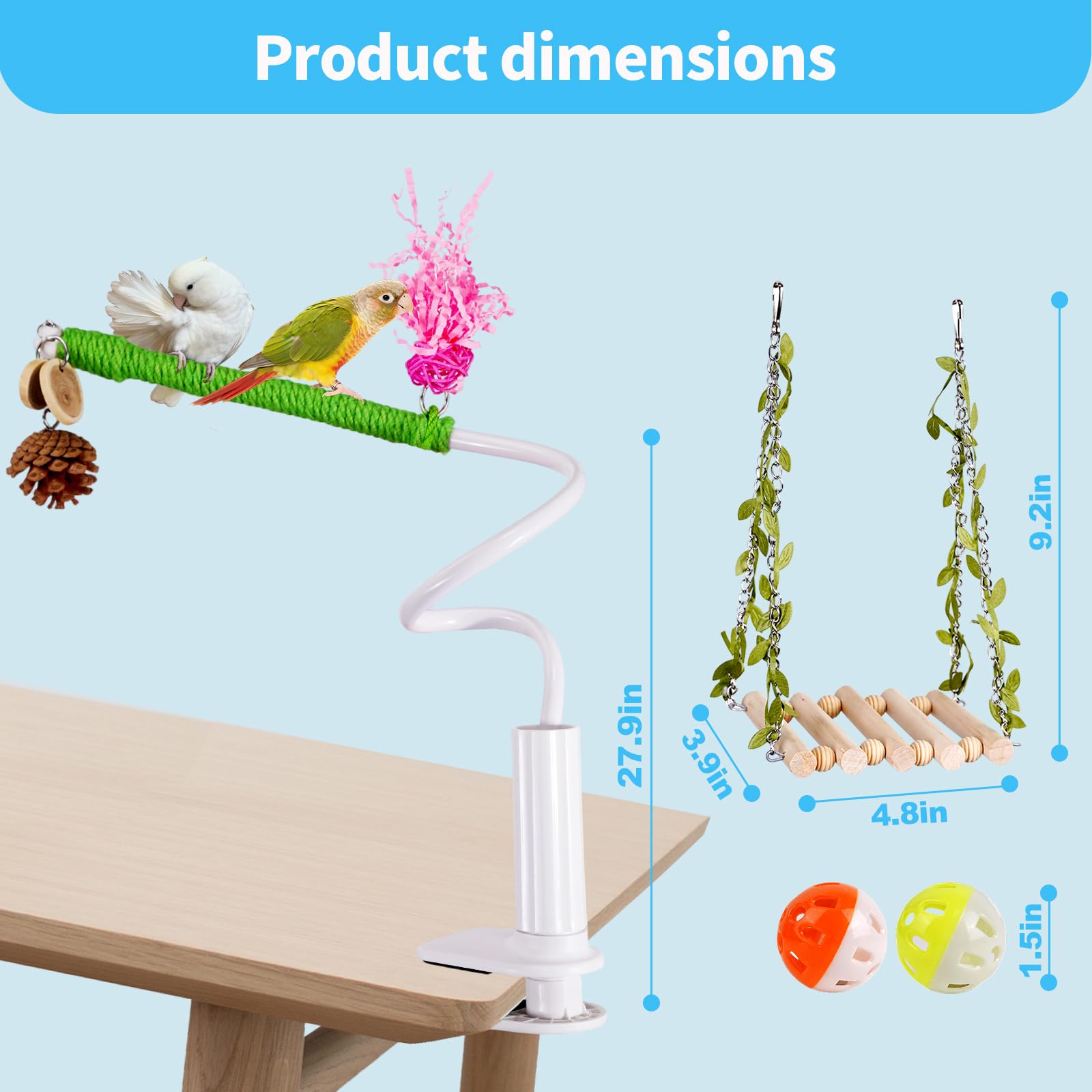 Bird Perch Stand with Swing, Desktop Bird Toy & Stand for Interacting, Interactive Playground for Sun Conure, Lovebirds, Conure, Budgie, Cockatiel - Non-Slip Adjustable Perch - image 3