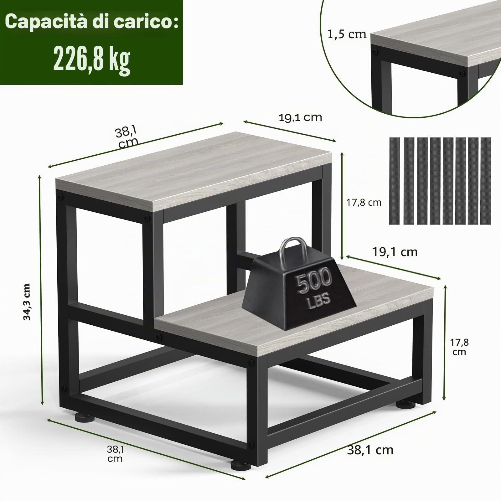 LIANTRAL Scaletta per adulti e bambini, scaletta 2 gradini, in acciaio resistente e robusto legno, supporta fino a 200 kg, sgabello per letto alto, cucina, bagno, grigio