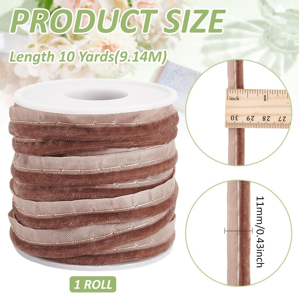 BENECREAT 10 Yards Brown Velvet Piping Bias Tape, 3/8 Inch Wide Welt Cord Piping Trim Fabric Edge with Velvet Lip Cord Trim for Sewing Clothing Upholstery Trimming