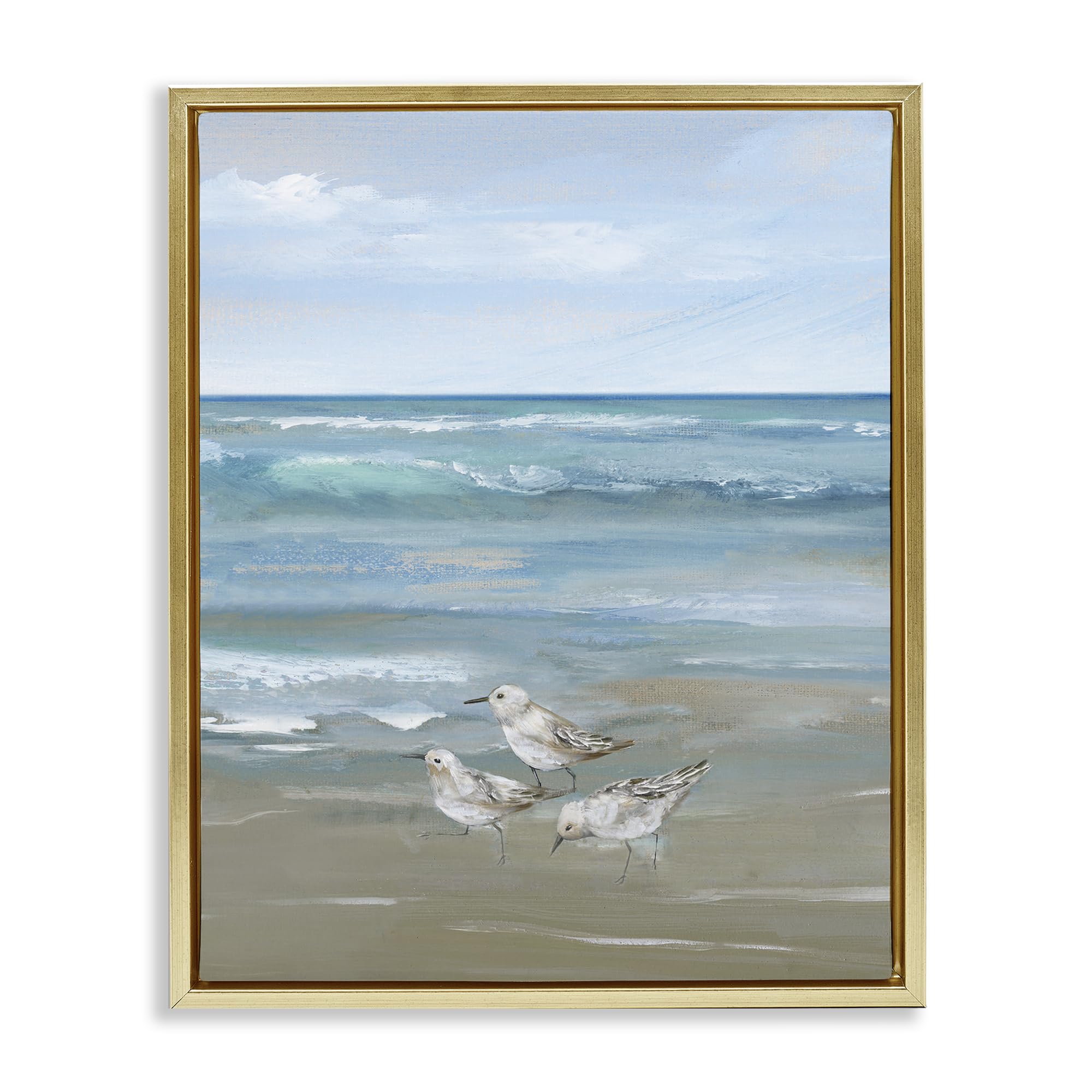 Stupell Industries 'Sanderlings on Gentle Waves', Floating Frame Canvas Art, Gold, 17 x 21 Inches, Easy to Hang and Sturdy, Made in USA, by Nan