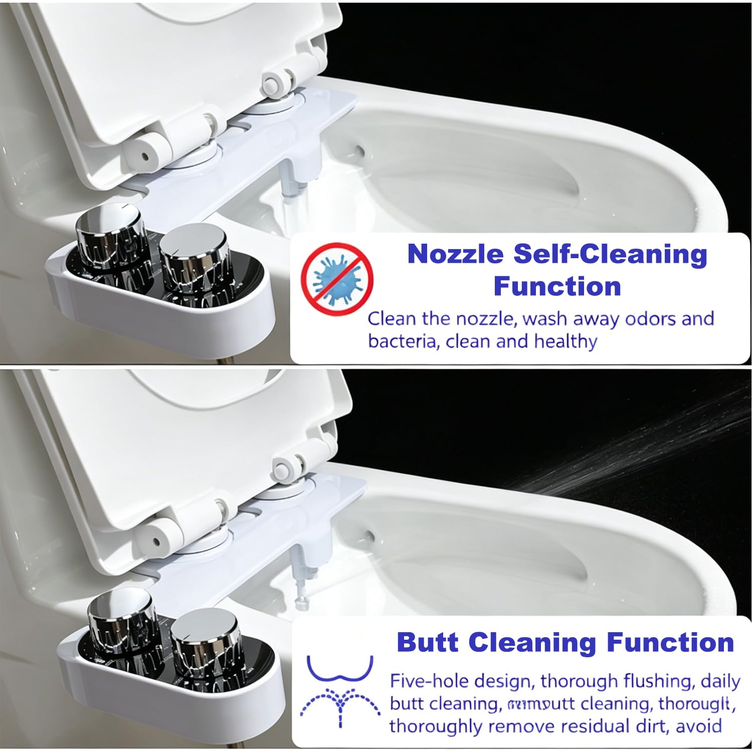 Kit doccetta Bidet per WC, Attacco per Bidet WC con Doppio Ugello da 3/8 Acqua Calda e Fredda, Pressione Dell'Acqua Regolabile, Doppio Ugello per Glutei e Lavaggio Intimo