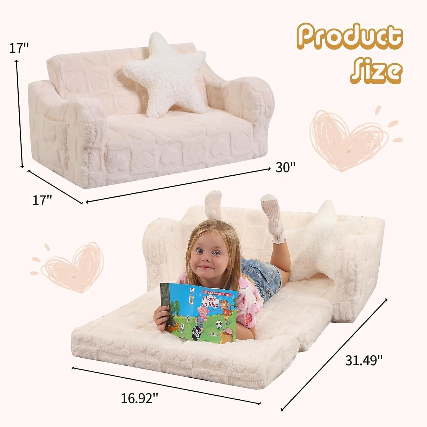 MOMCAYWEX Toddler Couch, 2-in-1 Kids Soft Couch Fold Out with Star Pillow, Foldable Sofa to Lounger, Large, Cream Heart