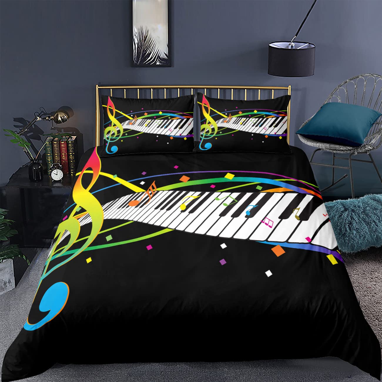 Housse de couette musique 2 personnes noir et blanc avec parure de lit piano 3d microfibre