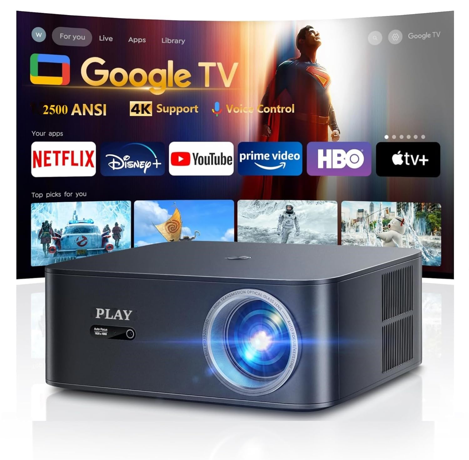 PLAY Smart 4K 3D 2500 ANSI, Voice Control, Android WiFi BT with HDMI-ARC USB Certified Google TV Home Ceiling Auto Focus Dolby Projector PLAY Smart 4K 3D 2500 ANSI, Voice Control, Android WiFi BT with HDMI-ARC USB Certified Google TV Home Ceiling Auto Focus Dolby Projector
