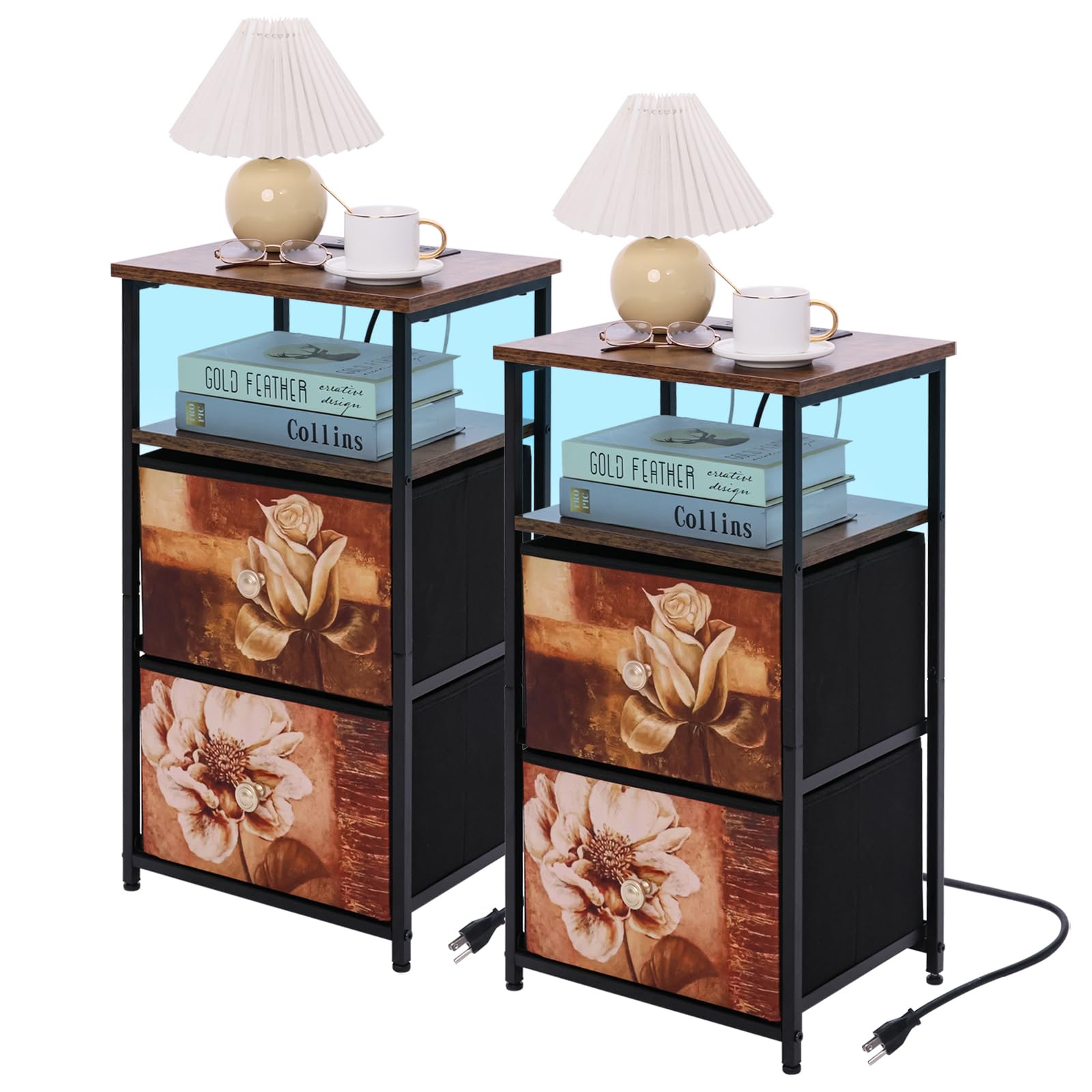 Walmokid nightstand Set of 2 with Charging Station, LED BedsideTable w/USB Ports & Outlets,End Table w/2 Fabric Drawers and Open Shelf, Black Steel