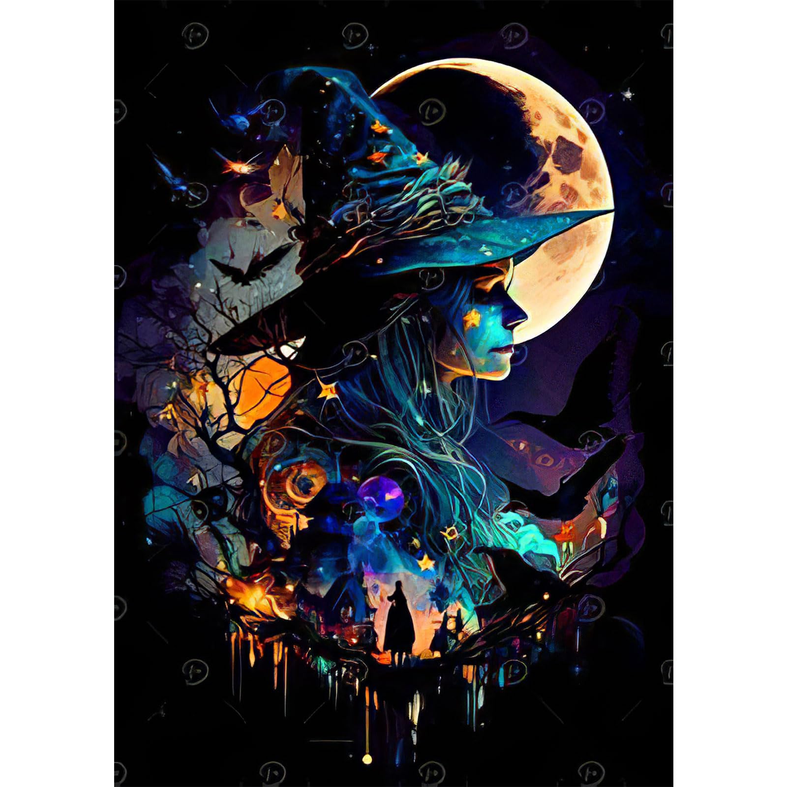 RICUVED Kits de pintura de diamantes de bruja para adultos principiantes, pintura de diamantes 5D con luna de taladro completo, kits de pintura de diamantes para decoración de pared del hogar, regalos