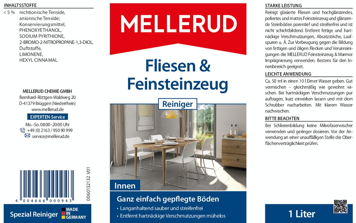 MELLERUD Mellerud środek do czyszczenia płytek i kamionki porcelanowej, 1 x 1 l, niezawodny środek do usuwania tłustych i uporczywych zabrudzeń