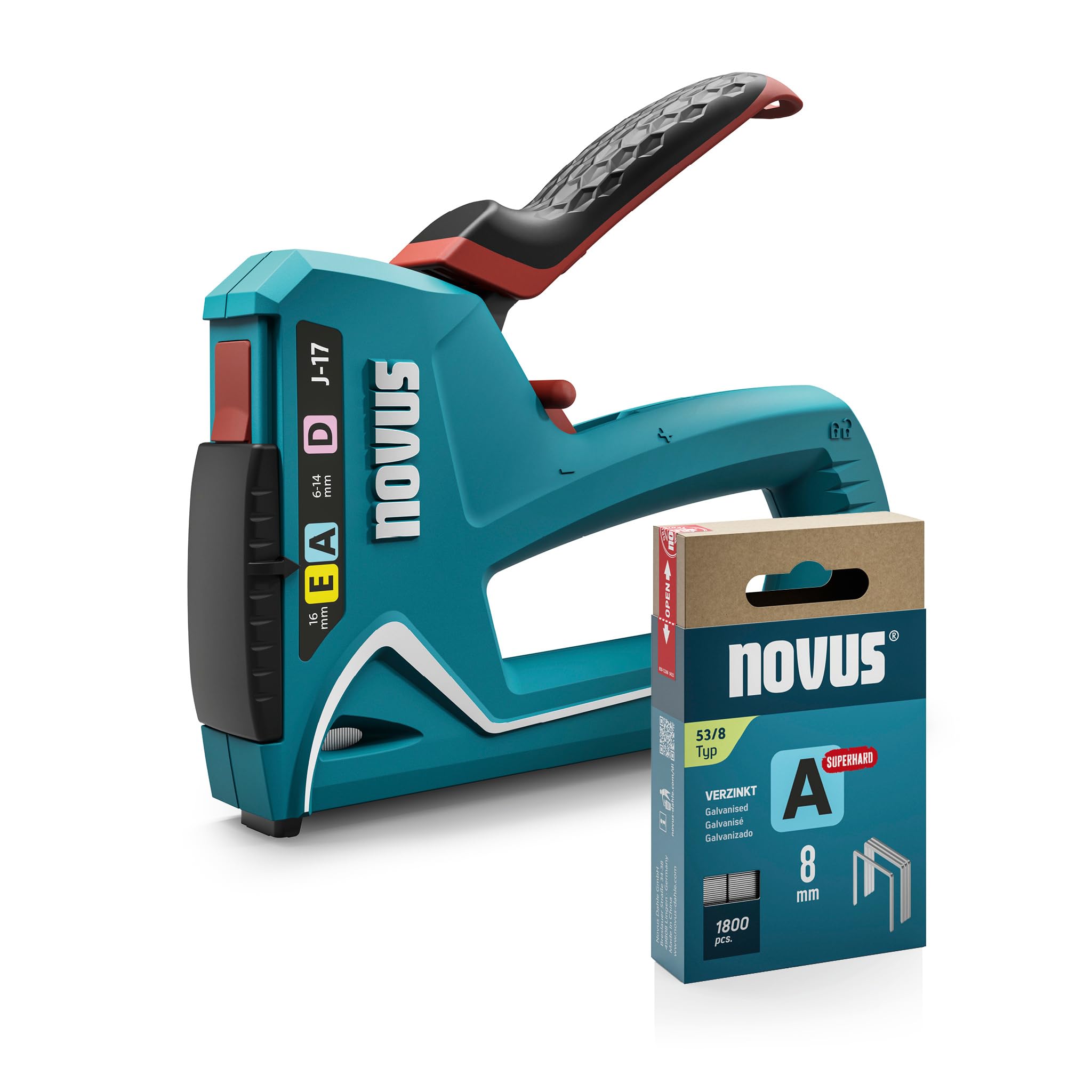 NOVUS TOOLS Hand Stapler J-17 Set of 1800 Staples │ 3-in-1 Stapler for Wood Fabrics and Films with ABS Plastic Housing │ for Fine Wire and Flat Wire Staples 6-14 mm and Nails 16 mm