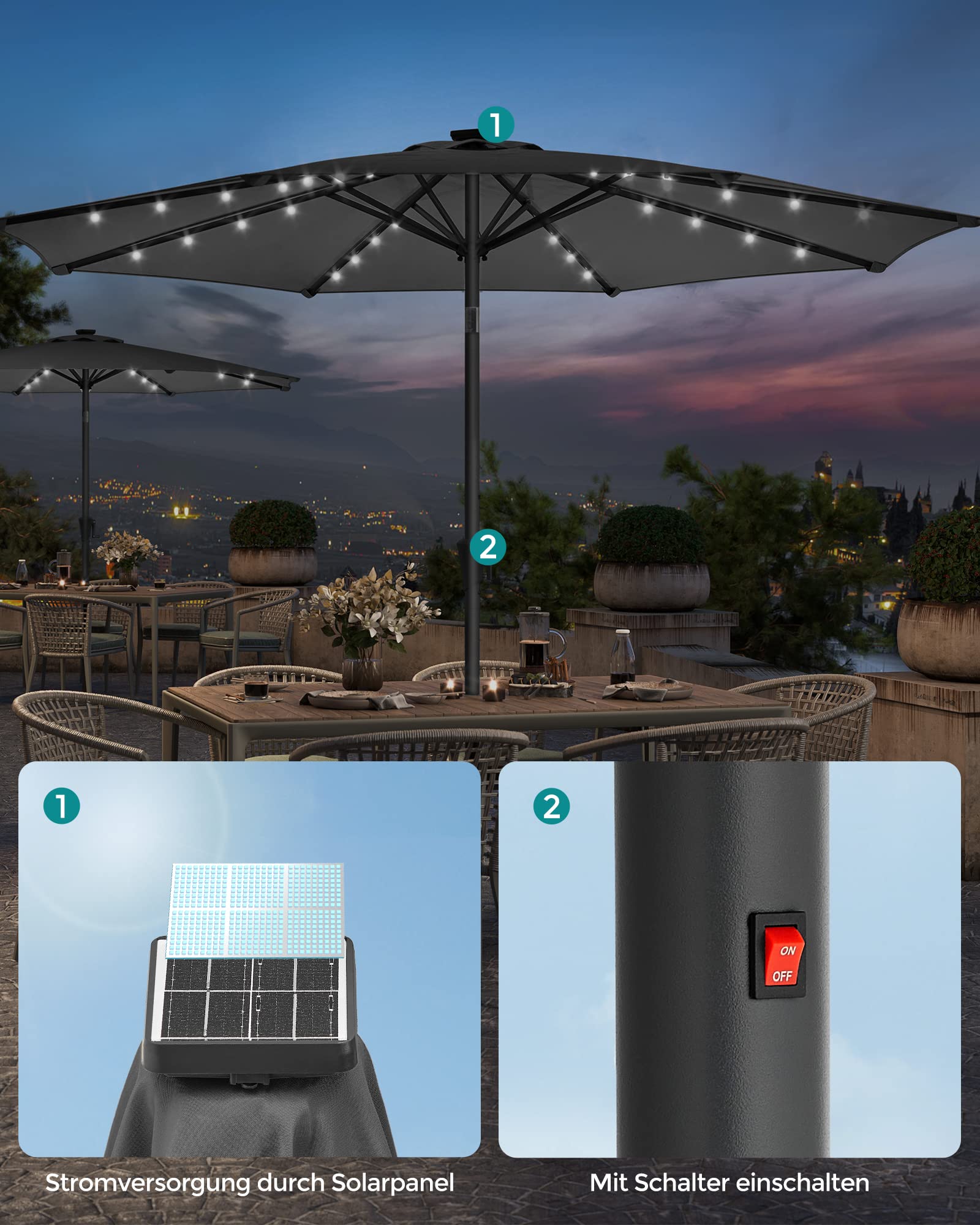 SONGMICS Sonnenschirm 300 cm mit LED-Solar-Beleuchtung, 32 LED-Lämpchen, UV-Schutz UPF 50+, beidseitig um 30° knickbar, für Garten, Terrasse, Pool, Balkon, ohne Ständer, grau GPU33GY