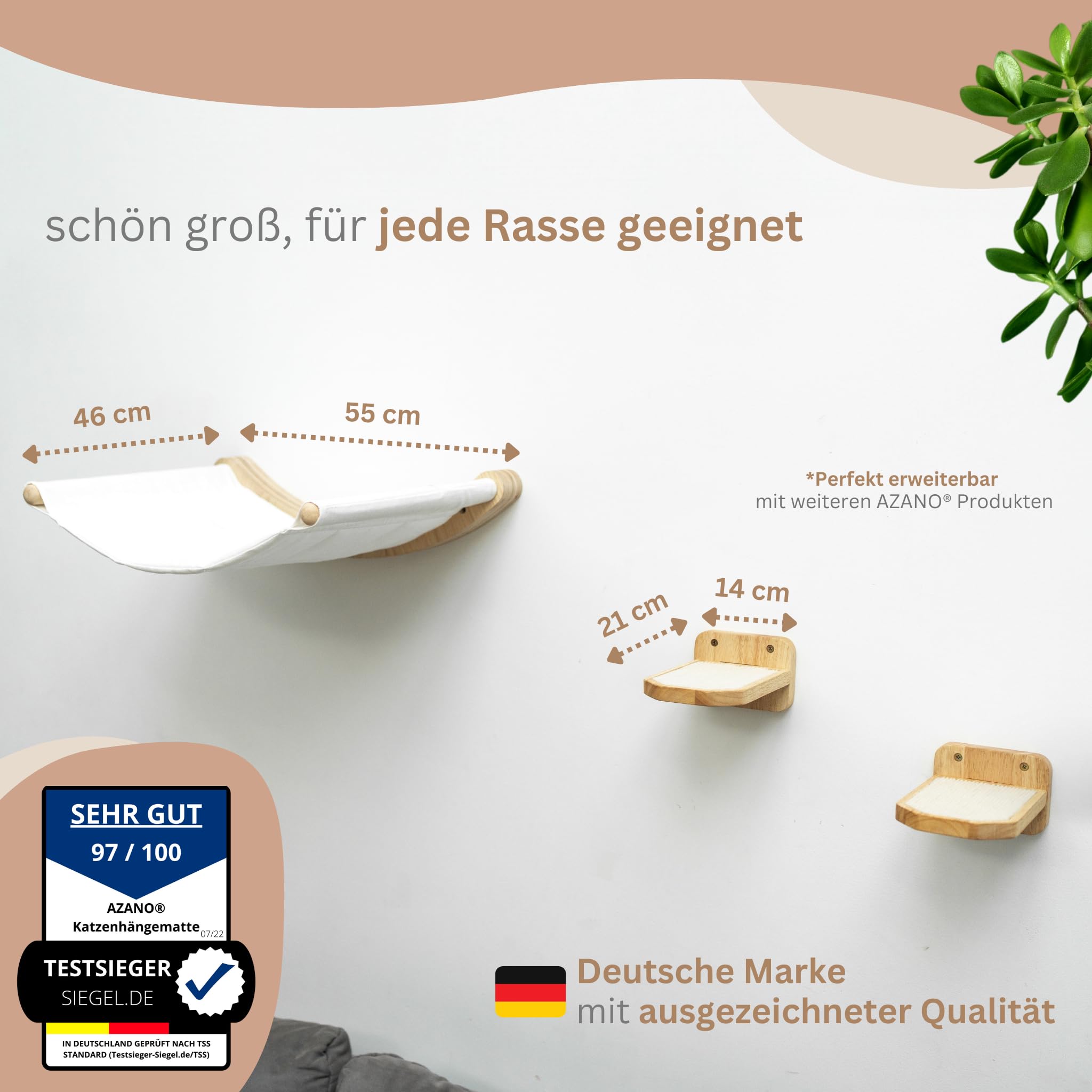 AZANO® Kletterwand Katzen | Katzenhängematte XL [Extra Stabil und Groß] mit Katzentreppe für die Wand | Katzenleiter mit Schlafplatz | Katzenbett zum Klettern aus Natur-holz | 3-Teilig (mit Treppchen)