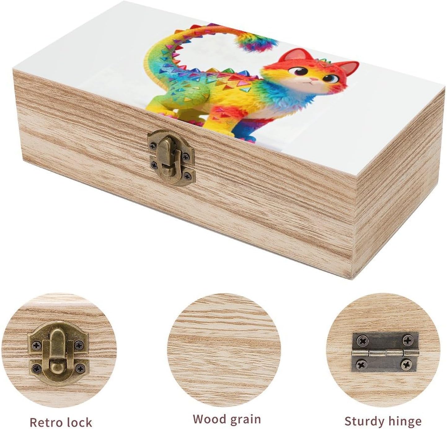Colorful Dinosaur Cat Wooden Storage Box Vintage Decorative Storage Case Multi-Functional Wooden Organizer Box with Exquisite Pattern for Home Desktop Organization & Gift Giving image 3