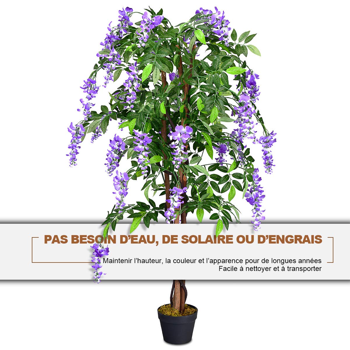 COSTWAY Arbre Artificiel Plante Artificielle en Pot avec Fausses Fleurs Violetes Convient pour Intérieur ou Extérieur Wisteria 150cm