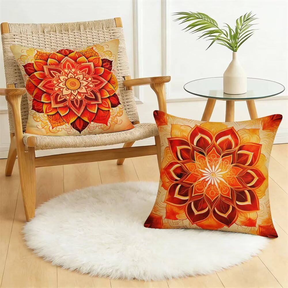 Federe Cuscini da Esterno Impermeabili 65x65 Arancione Copri Cuscini per Divano Mandala Federa Cuscino Boho Decorativi Copricuscini per Divano Giardino Patio Soggiorno Copricuscino Set di 2 (IU301)