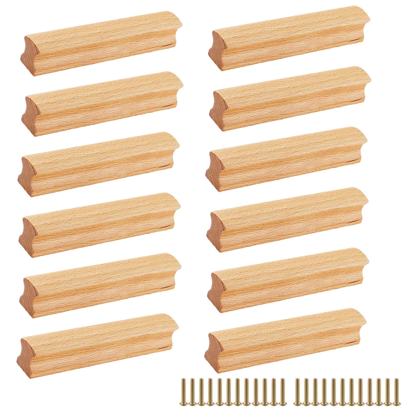Maniglie in Legno, 12 Pezzi Pomelli Cassetti per Mobili Cucina in Legno Con 24 Viti, Interasse Fori 64 mm, Maniglie in legno Massiccio, per Scrivanie, Bagni, Cucine