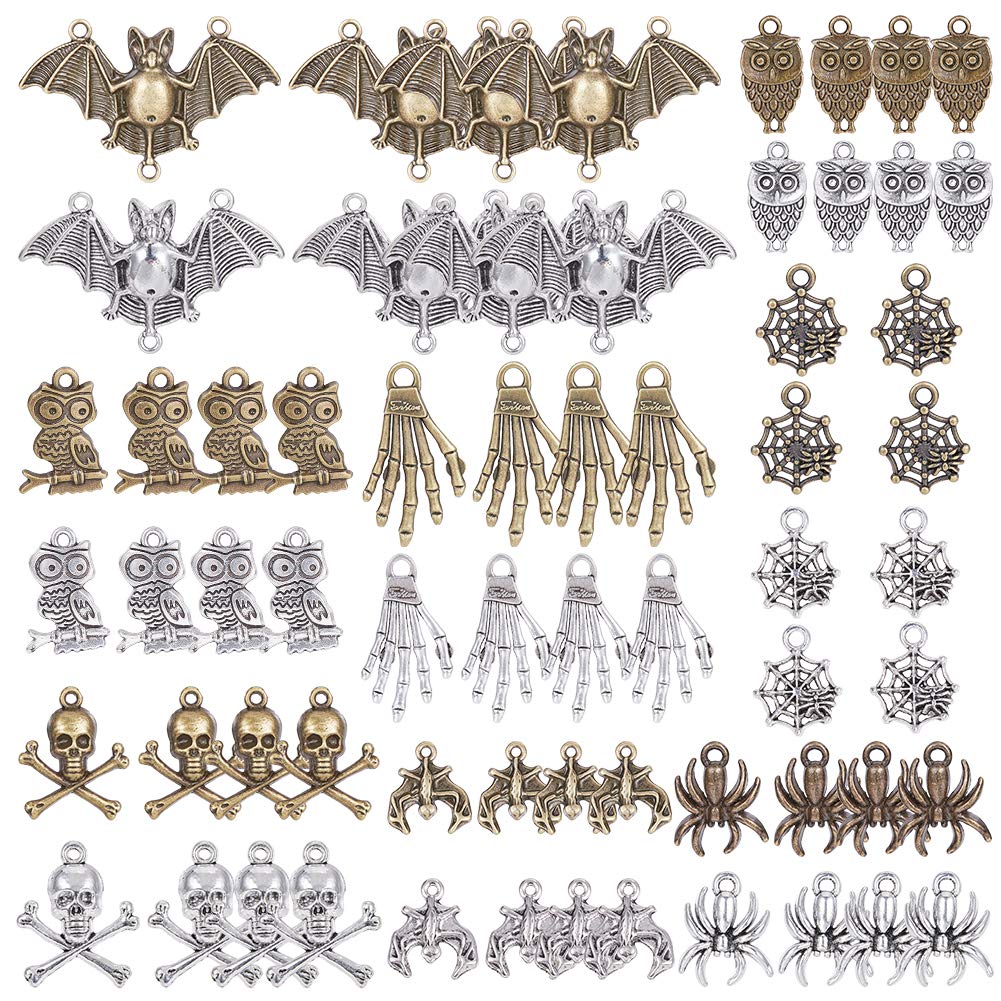 SUNNYCLUE 64pcs 16 Styles Halloween Charm Antique Silver Halloween Collection Craft Supplies Charms Pendants for Crafting Owl Bat Spider Skeleton Charms for Bracelet Earring Necklace Jewellery Making