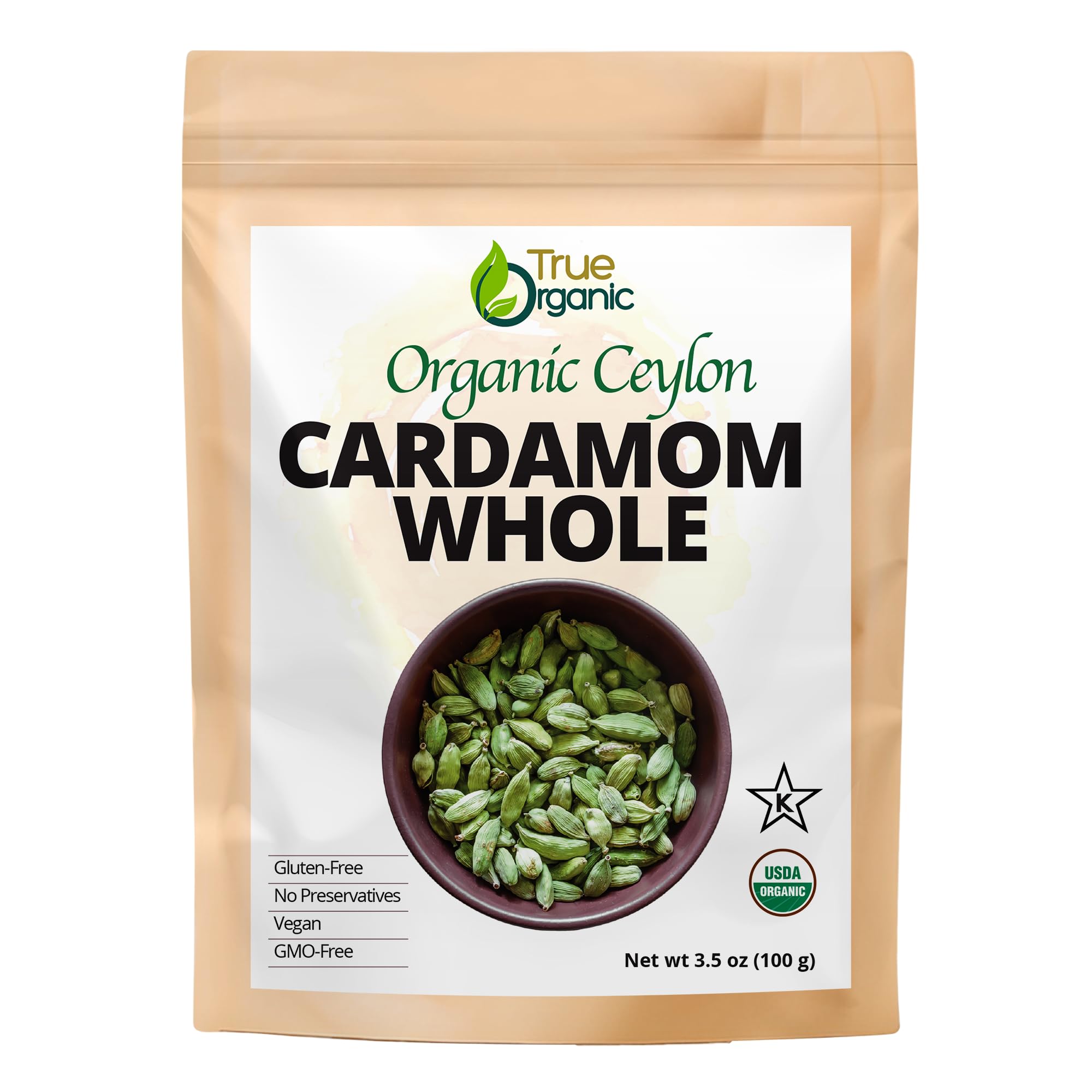 True Organic Cardamom Whole 3.5 oz – Certified Organic, USDA & Kosher Certified, Pure Ceylon Premium Quality